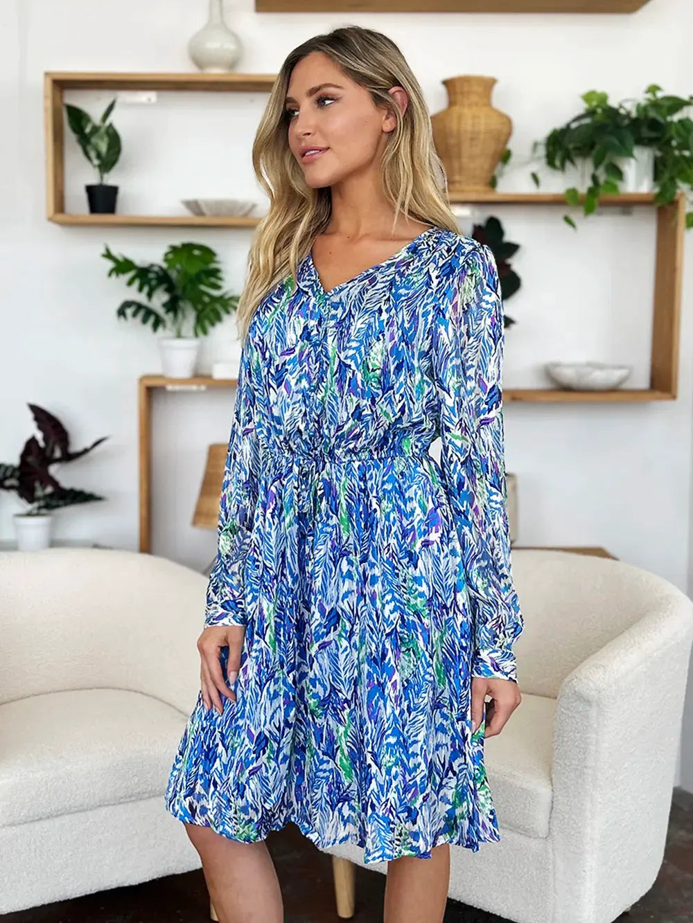 Double Take Full Size Printed Drawstring Waist Long Sleeve Dress by Double Take