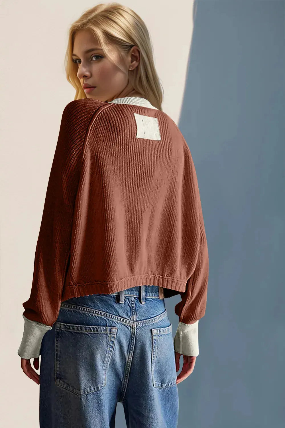 Double Take Contrast Button Up Long Sleeve Cardigan by Double Take