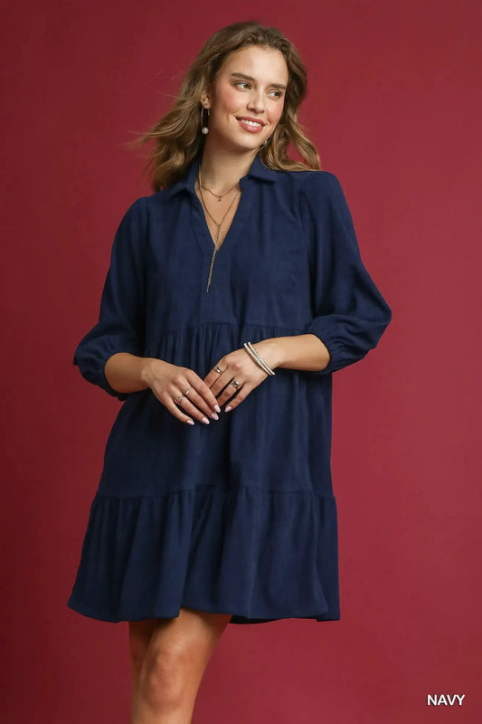 Umgee Tiered Corduroy Mini Dress with Balloon Sleeves by Umgee
