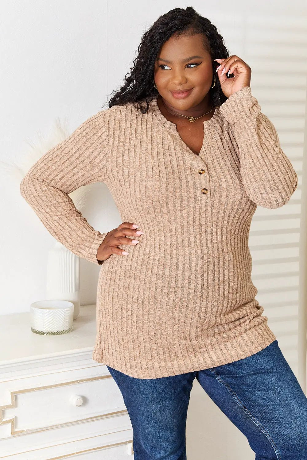 Double Take Notched Neck Ribbed Long Sleeve T-Shirt by Double Take