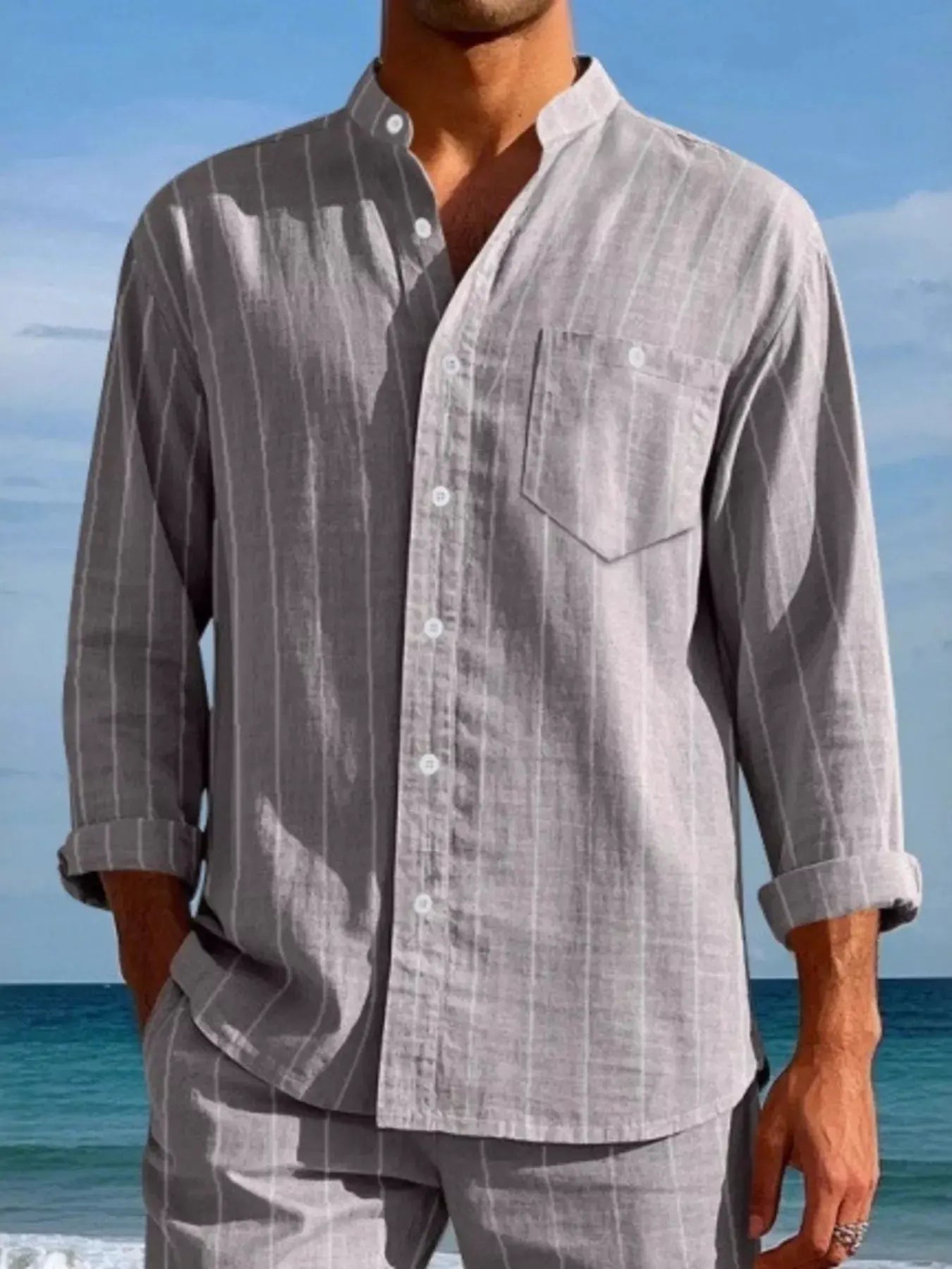 Men's Full Size Striped Button Up Shirt Plus Size by Trendsi