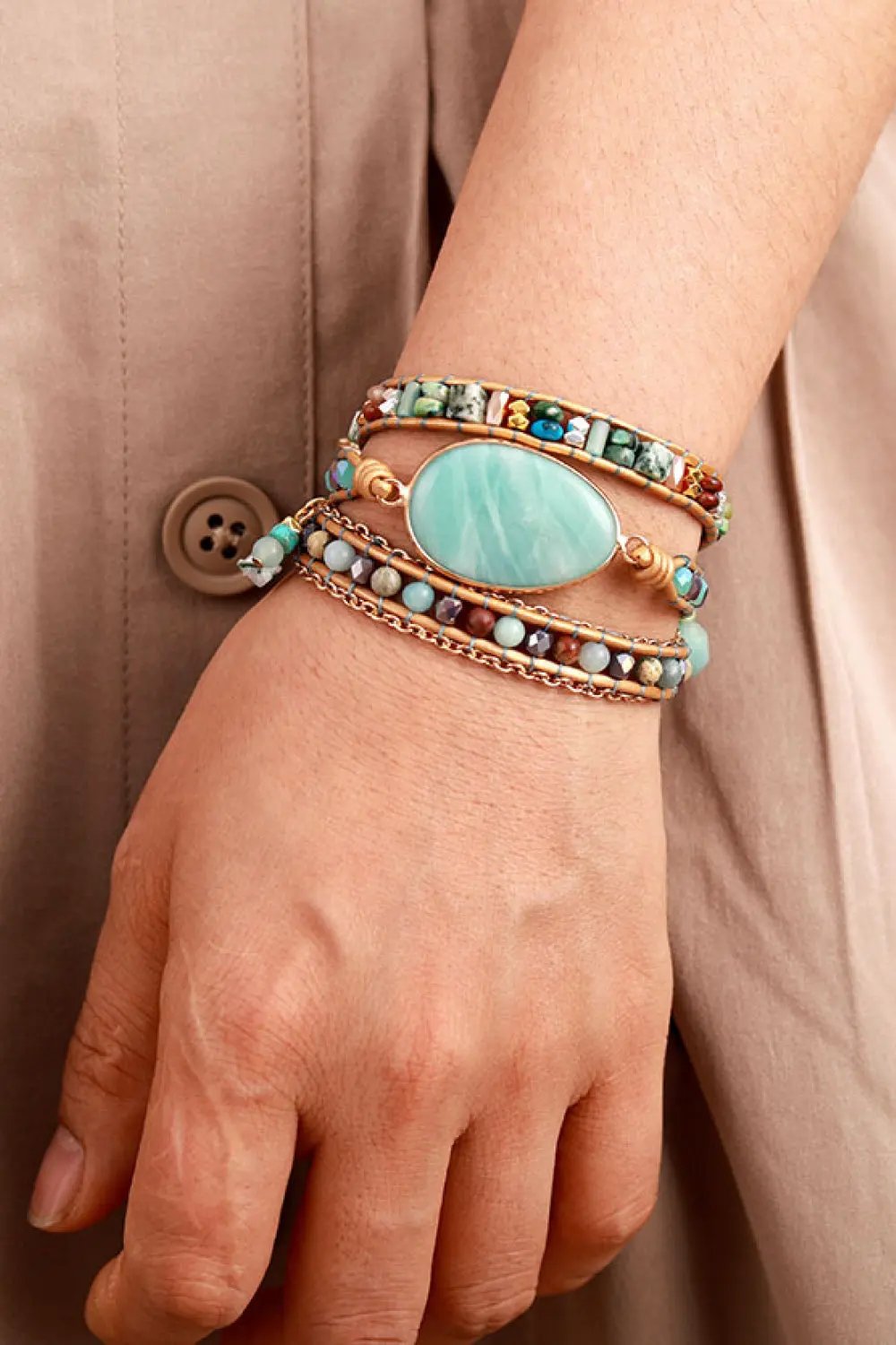 Handmade Natural Stone Beaded Triple Layer Bracelet by Partner Label