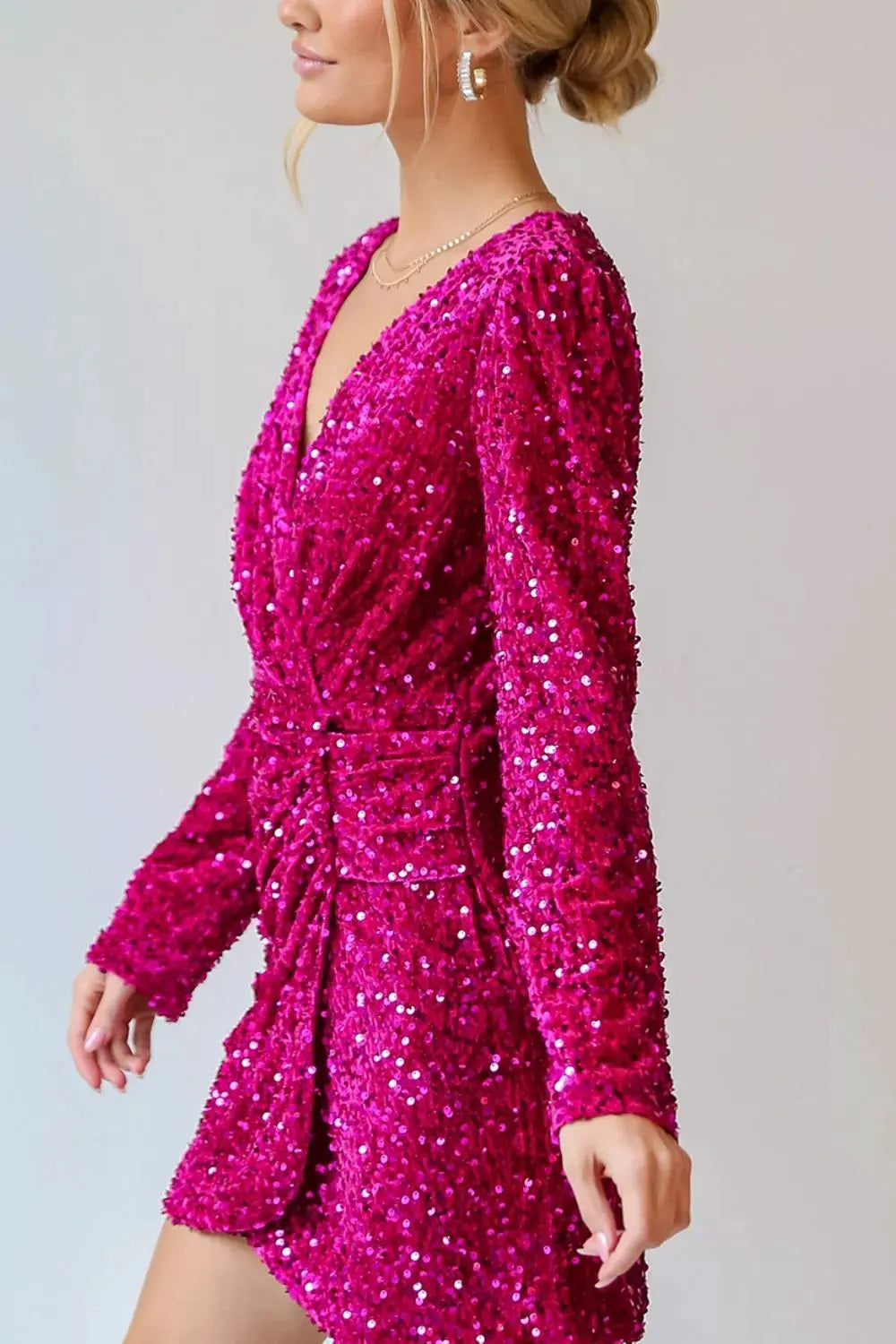 Sequin Surplice Long Sleeve Mini Dress by Partner Label