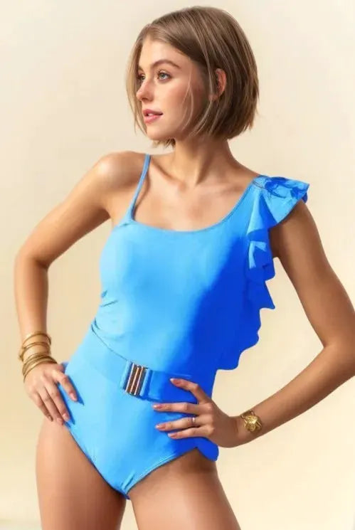 Davi & Dani Solid One Shoulder Ruffle One Piece Swimsuit by Partner Labels