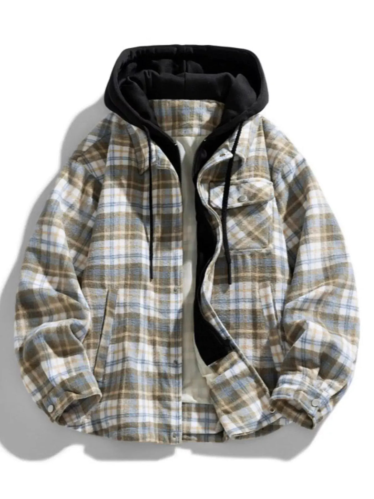 Men's Plus Size Drawstring Hooded Plaid Shirt Jacket by Partner Label
