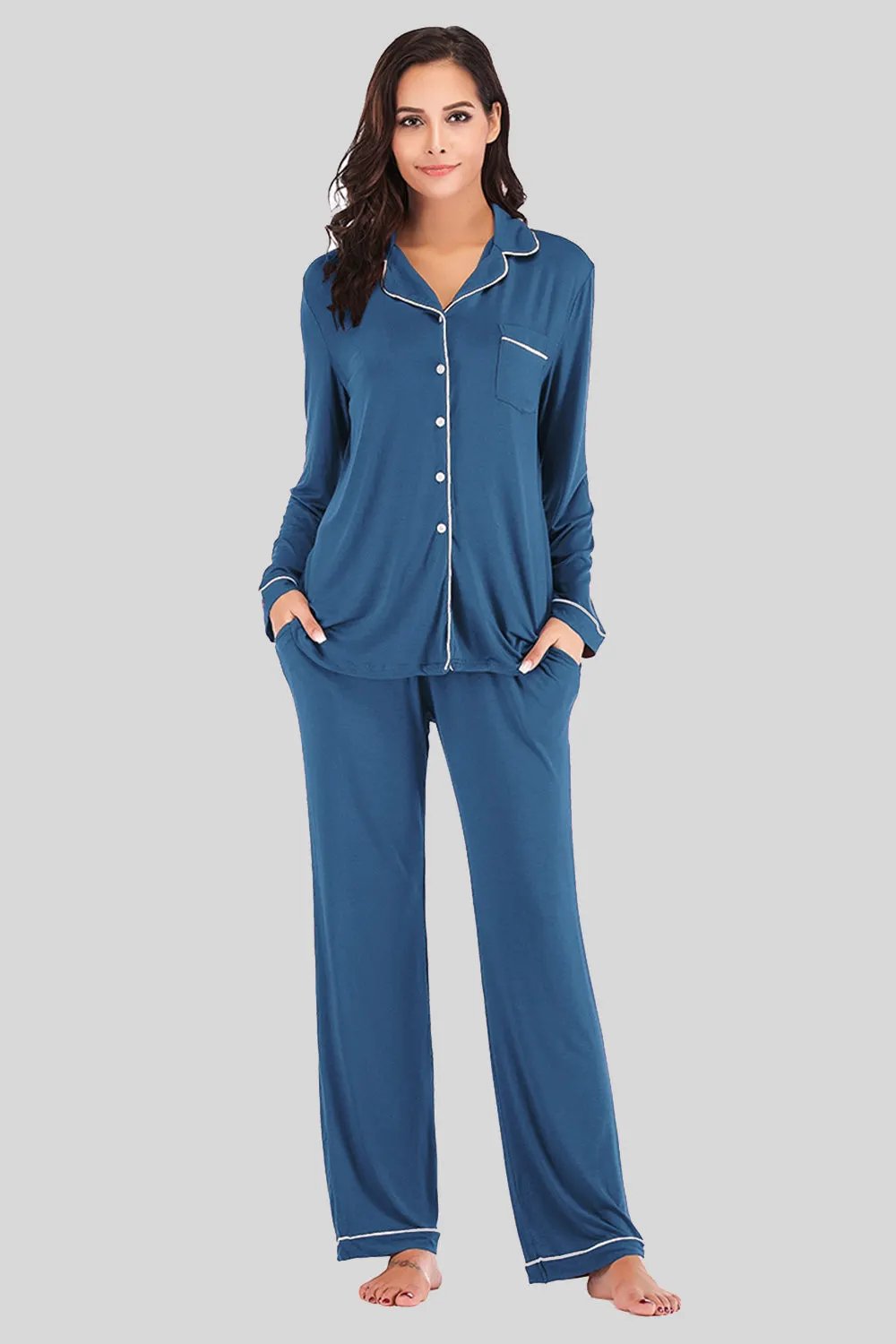 Collared Neck Long Sleeve Loungewear Set with Pockets by Partner Label