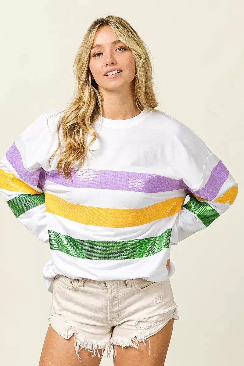 BiBi Sequin Mardi Gras Striped Round Neck Sweatshirt by BiBi