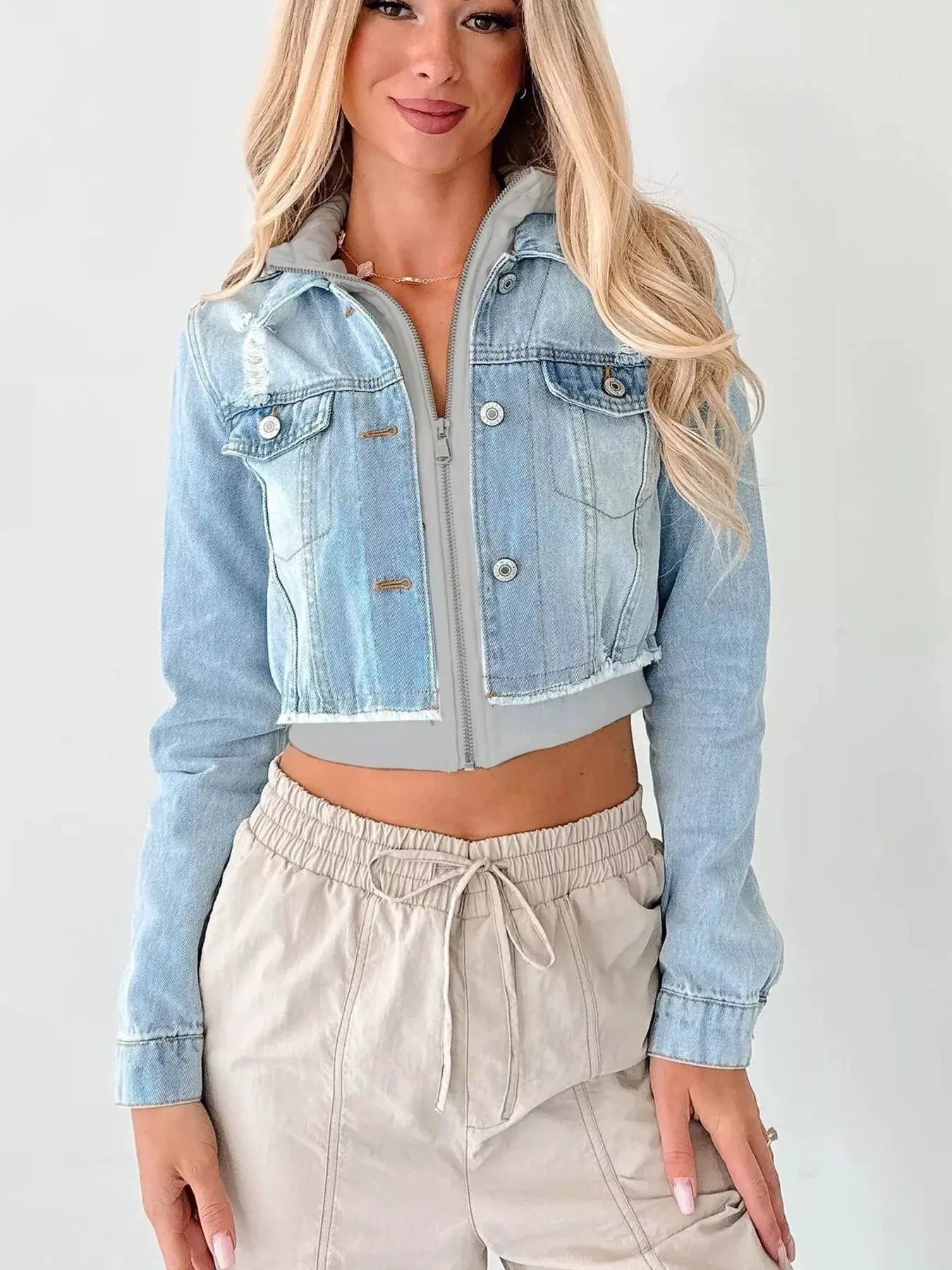 Distressed Zip Up Cropped Hooded Denim Jacket by Partner Label