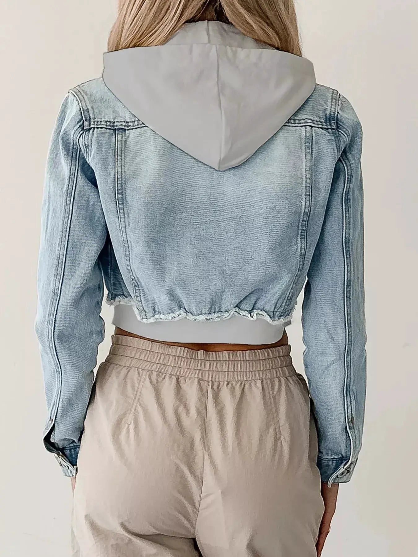 Distressed Zip Up Cropped Hooded Denim Jacket by Partner Label