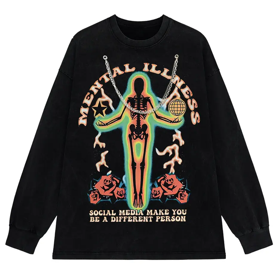 Skeleton Rose Graphic Vintage Washed Cotton T-Shirt Streetwear by Vimost Shop