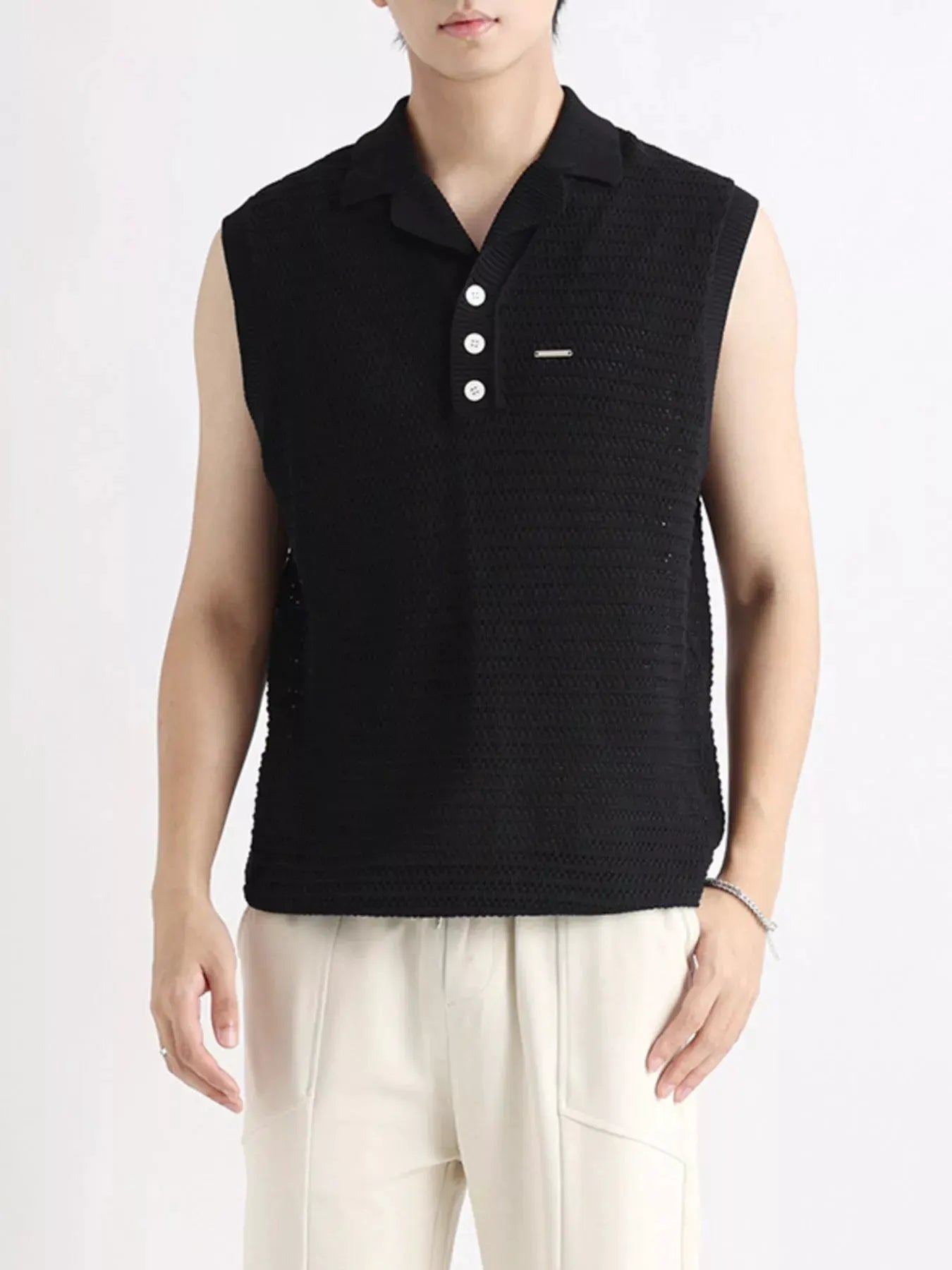 Men's Plus Size Breathable Knit Polo Collar Tank by Trendsi