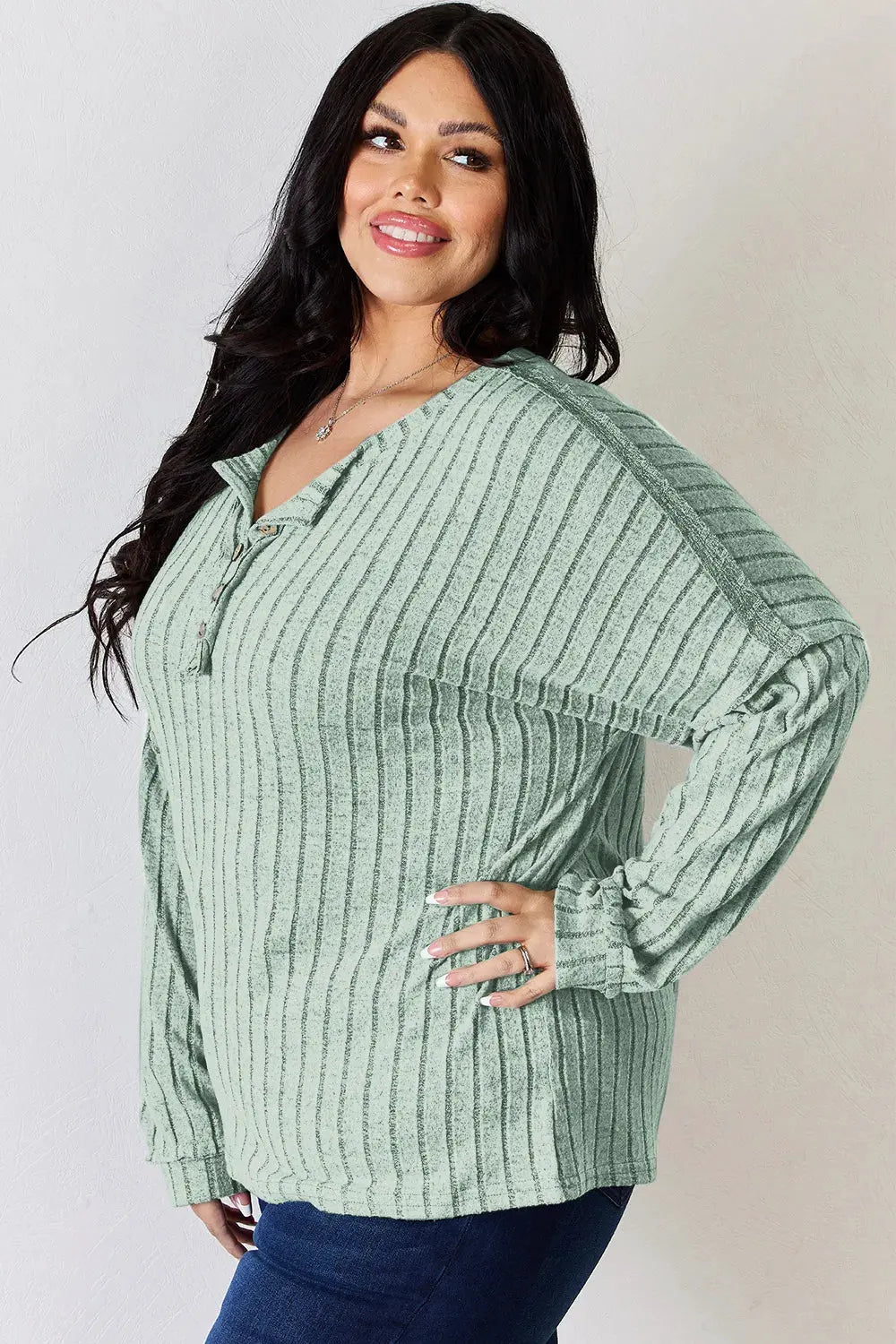 Basic Bae Full Size Ribbed Half Button Long Sleeve T‑Shirt | Partner Labels Selection by Partner Label