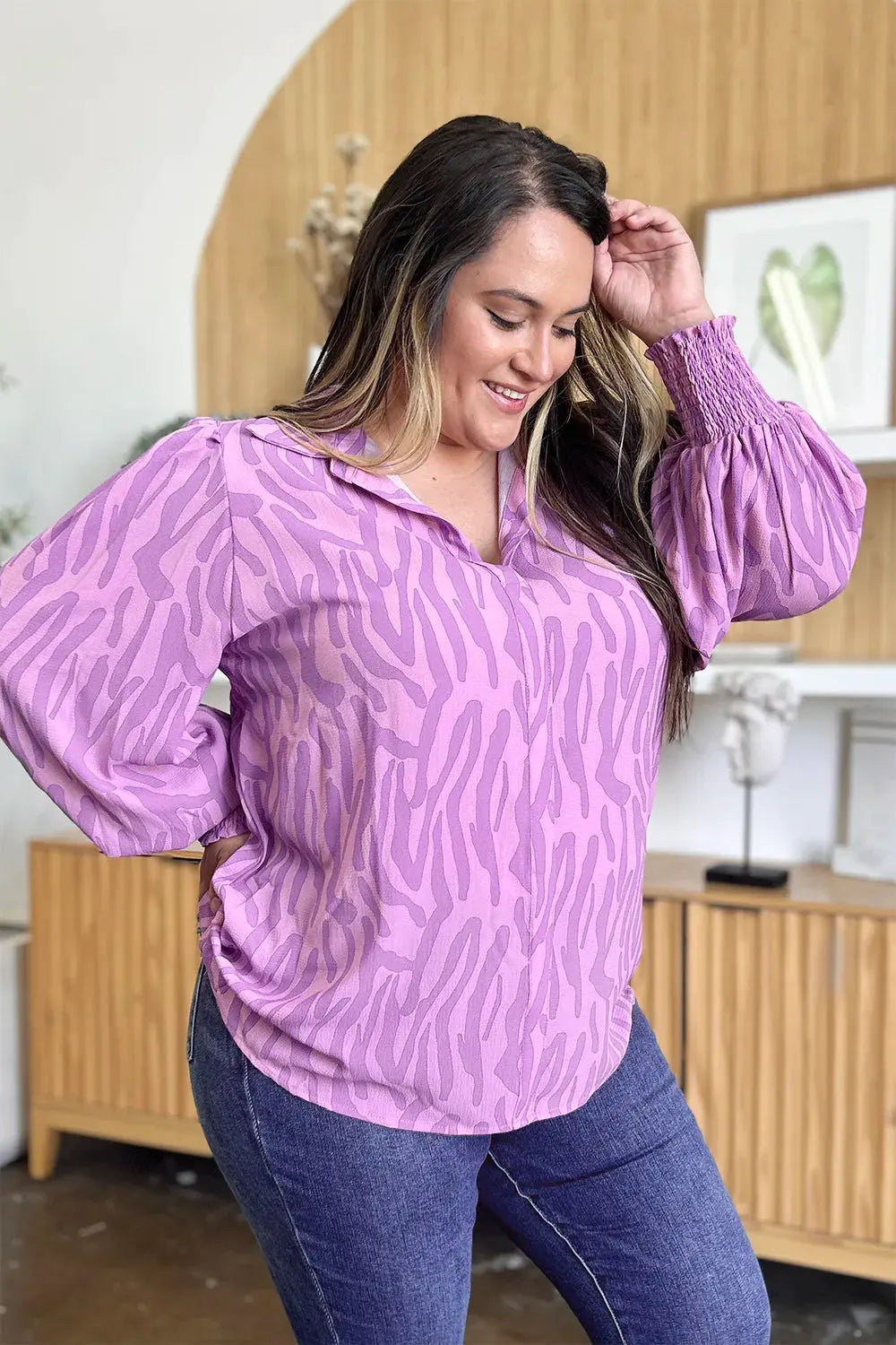 Double Take Full Size Printed Smocked Long Sleeve Blouse Plus Size by Double Take