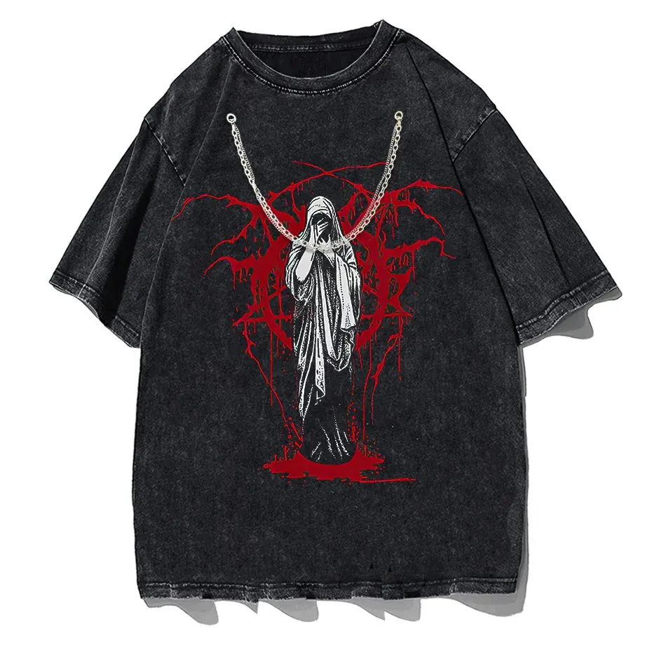 Men's Y2K Punk Harajuku Dark Goth Vintage T-Shirt Loose Fit Cotton Short Sleeve by Vimost Shop