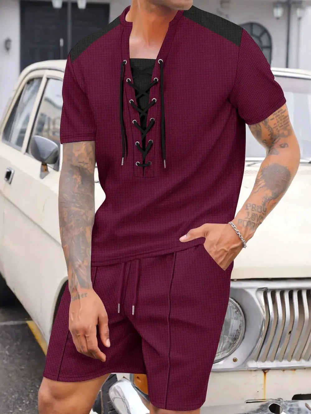 Men's Full Size Lace-Up Waffle Knit Top and Shorts Set Plus Size by Partner Label
