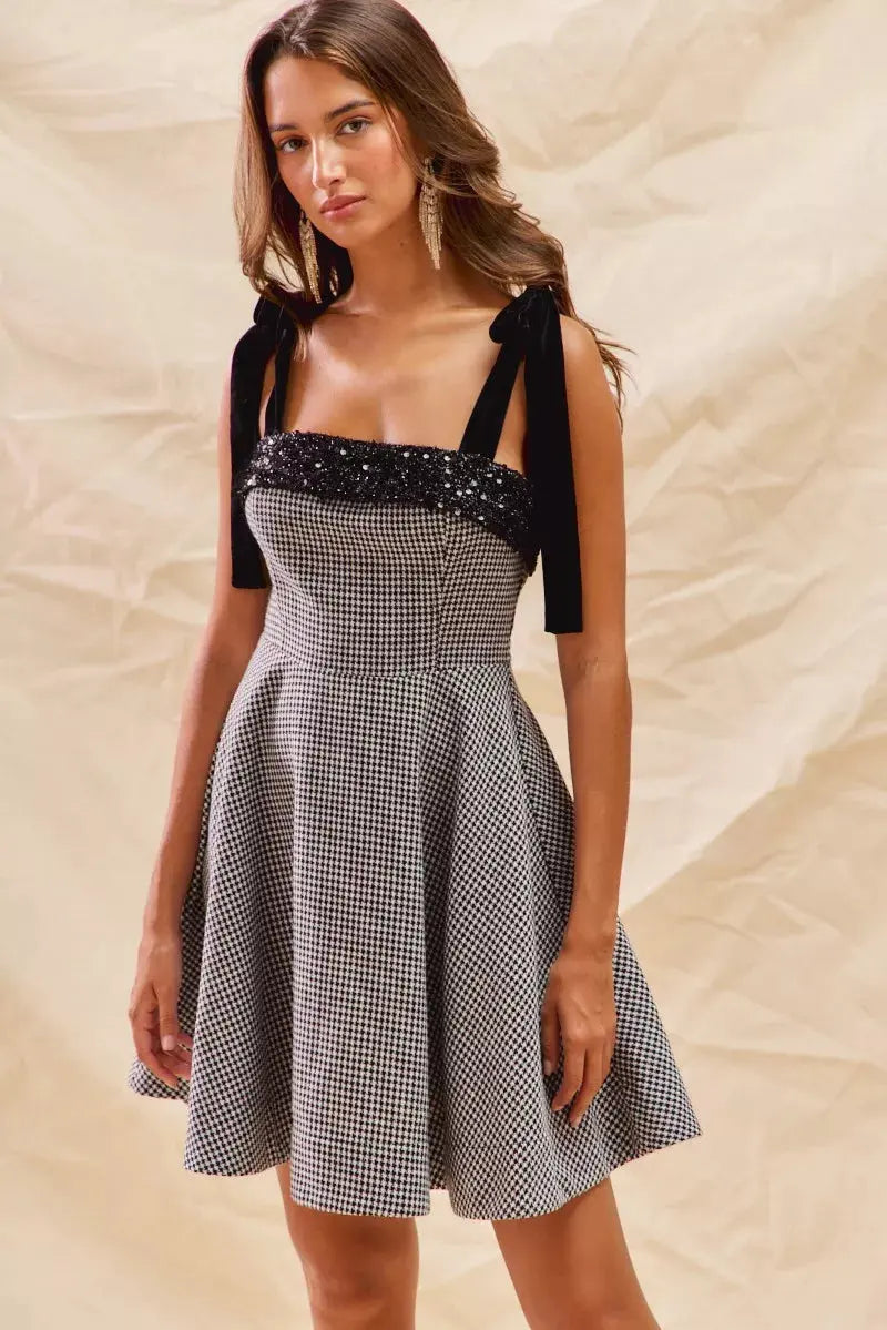 SO ME Houndstooth Fit Flare Mini Dress with Shoulder Tie by SO ME