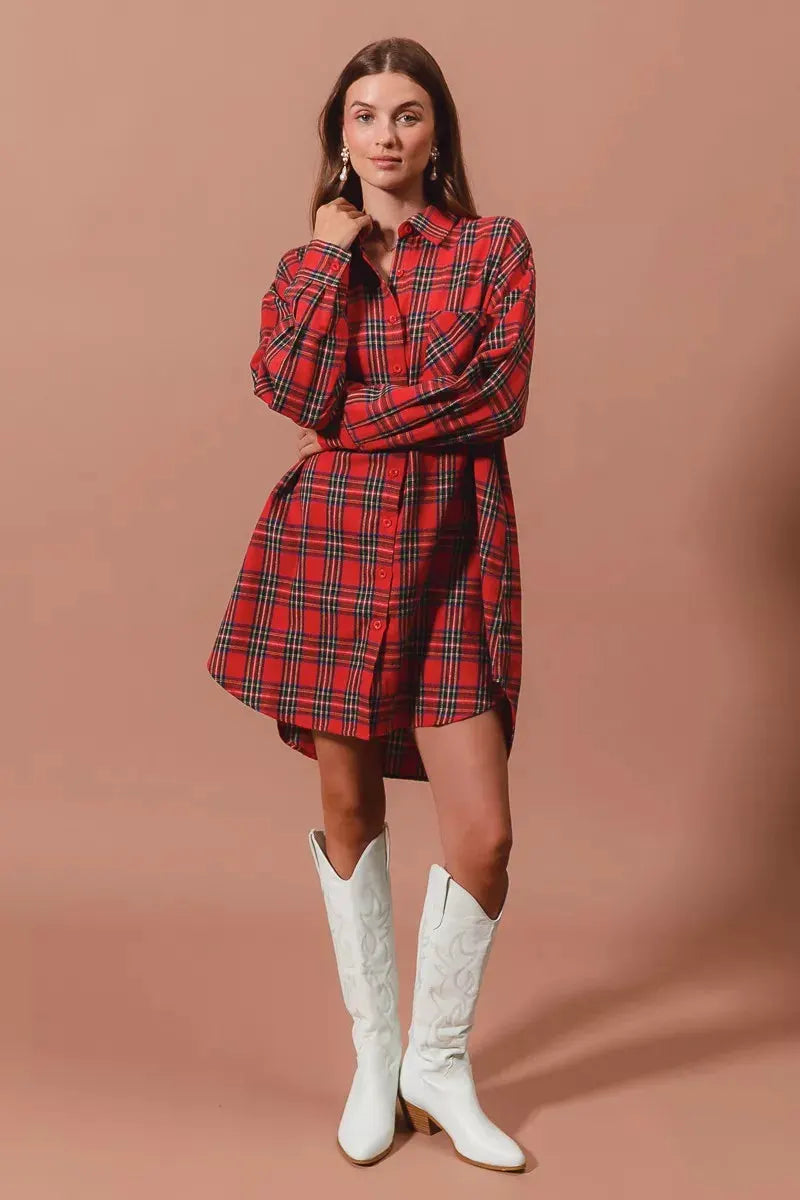 SO ME Christmas Checker Plaid Button Up Shirt Dress by SO ME