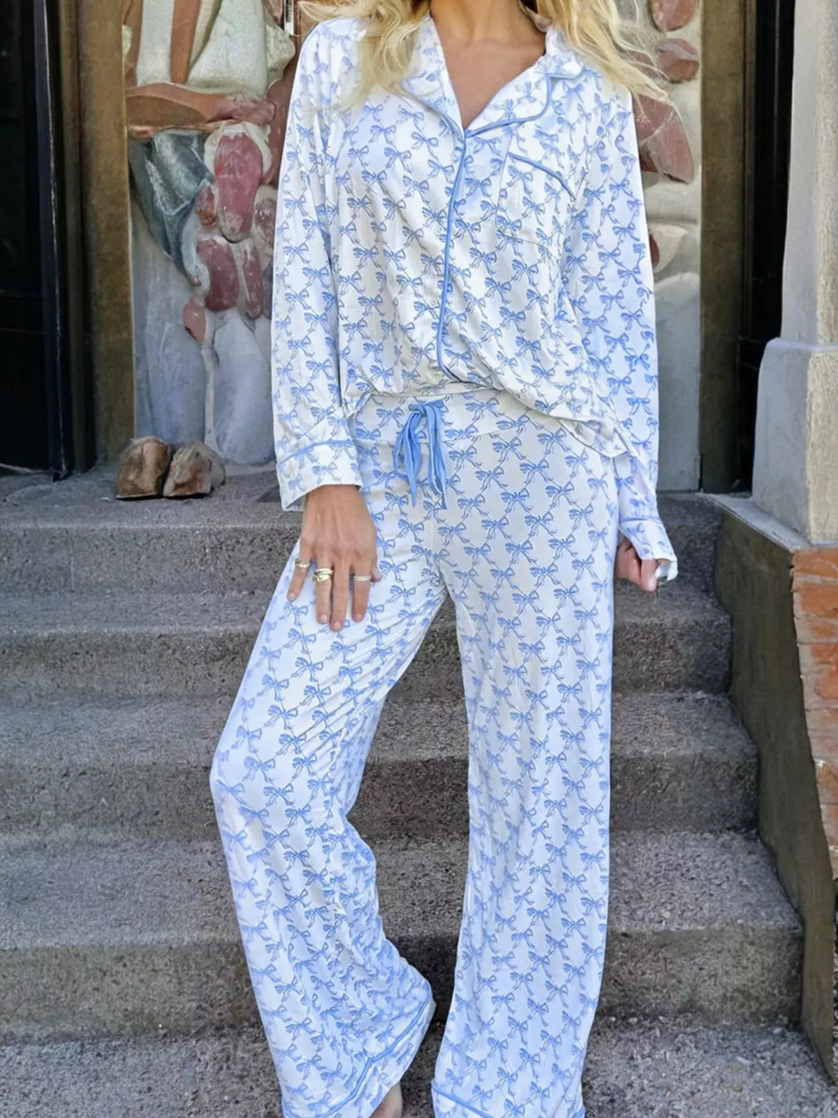 Bow Print Long Sleeve Shirt and Pants Pajama Set by Partner Label