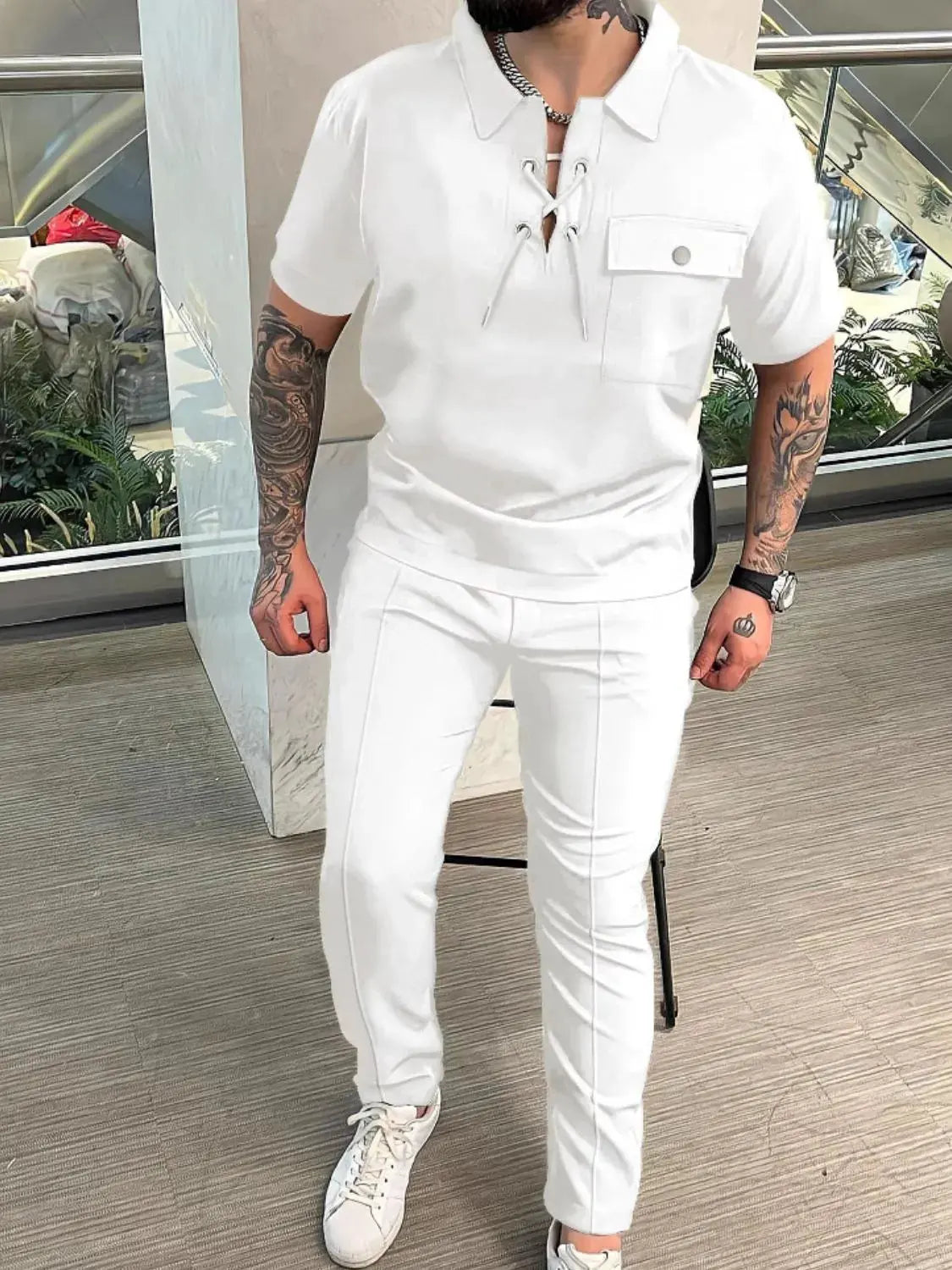Men's Full Size Lace Up Short Sleeve Top and Pants Plus Size by Trendsi