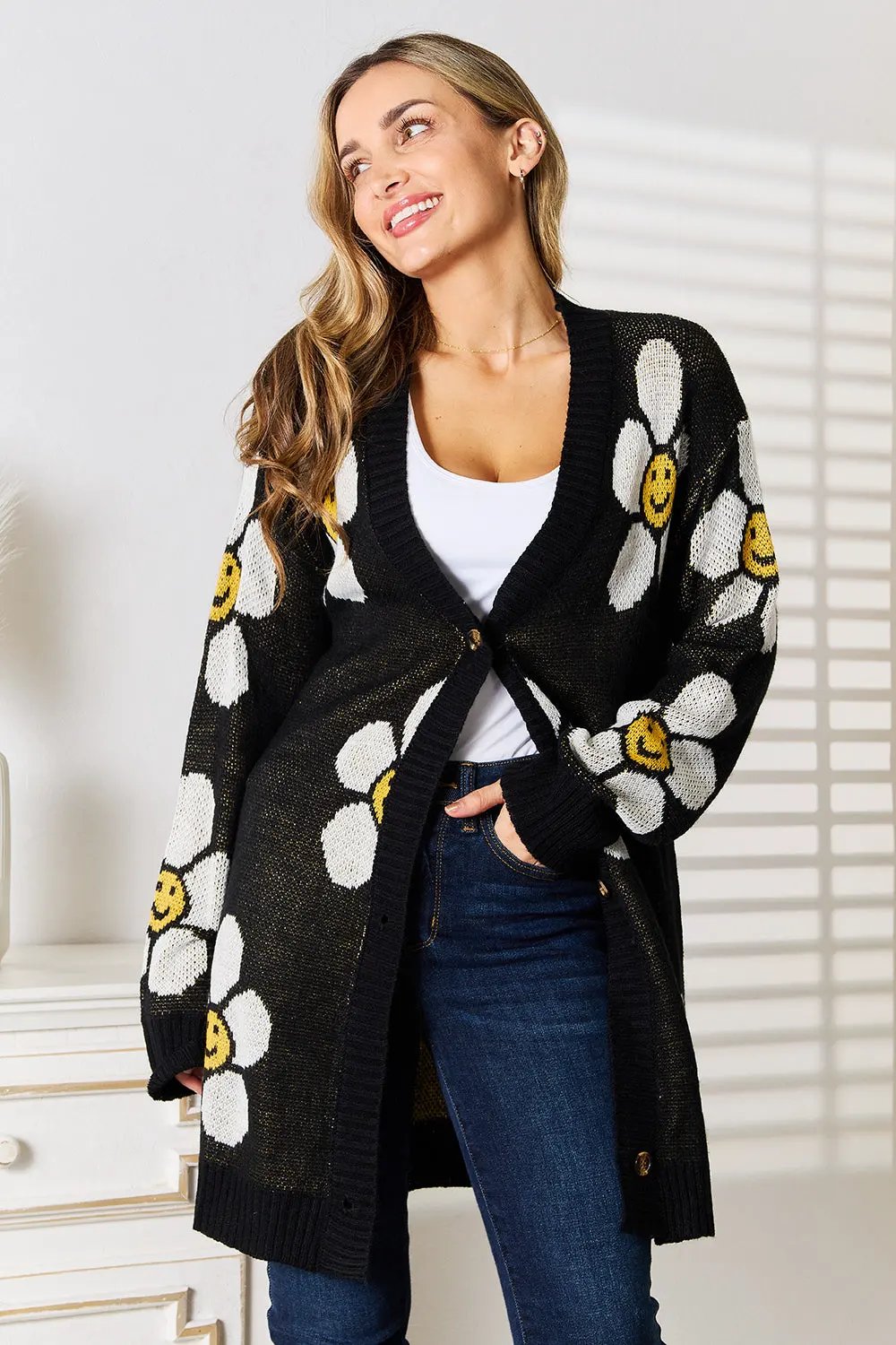 Perfee Floral Button Down Longline Cardigan by Perfee