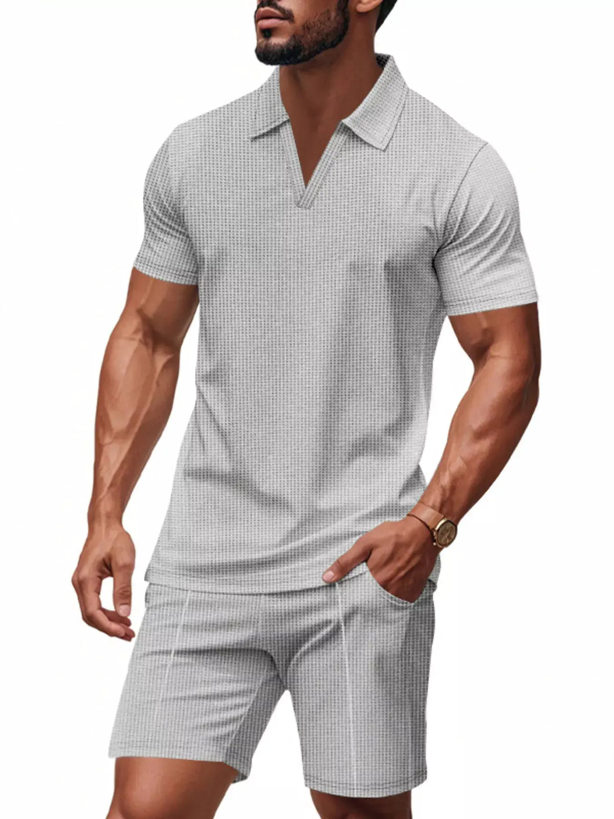 Men's Full Size Textured Short Sleeve Polo and Shorts Set Plus Size by Trendsi