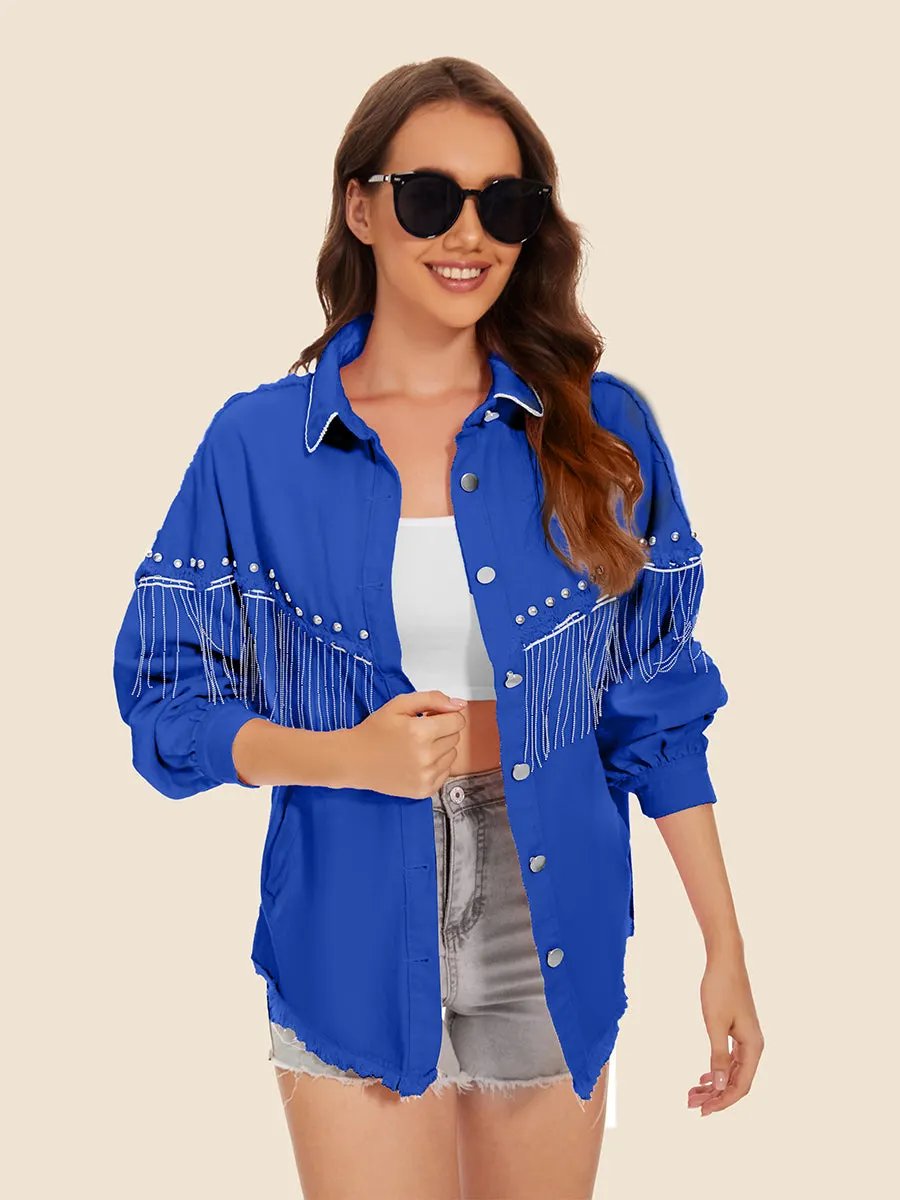Raw Hem Fringe Detail Denim Jacket by Partner Label