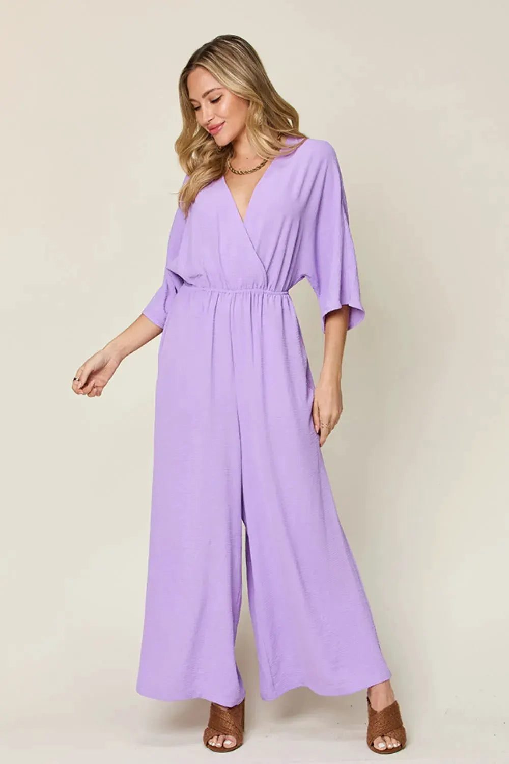 Double Take Full Size Surplice Wide Leg Jumpsuit with Pockets by Double Take