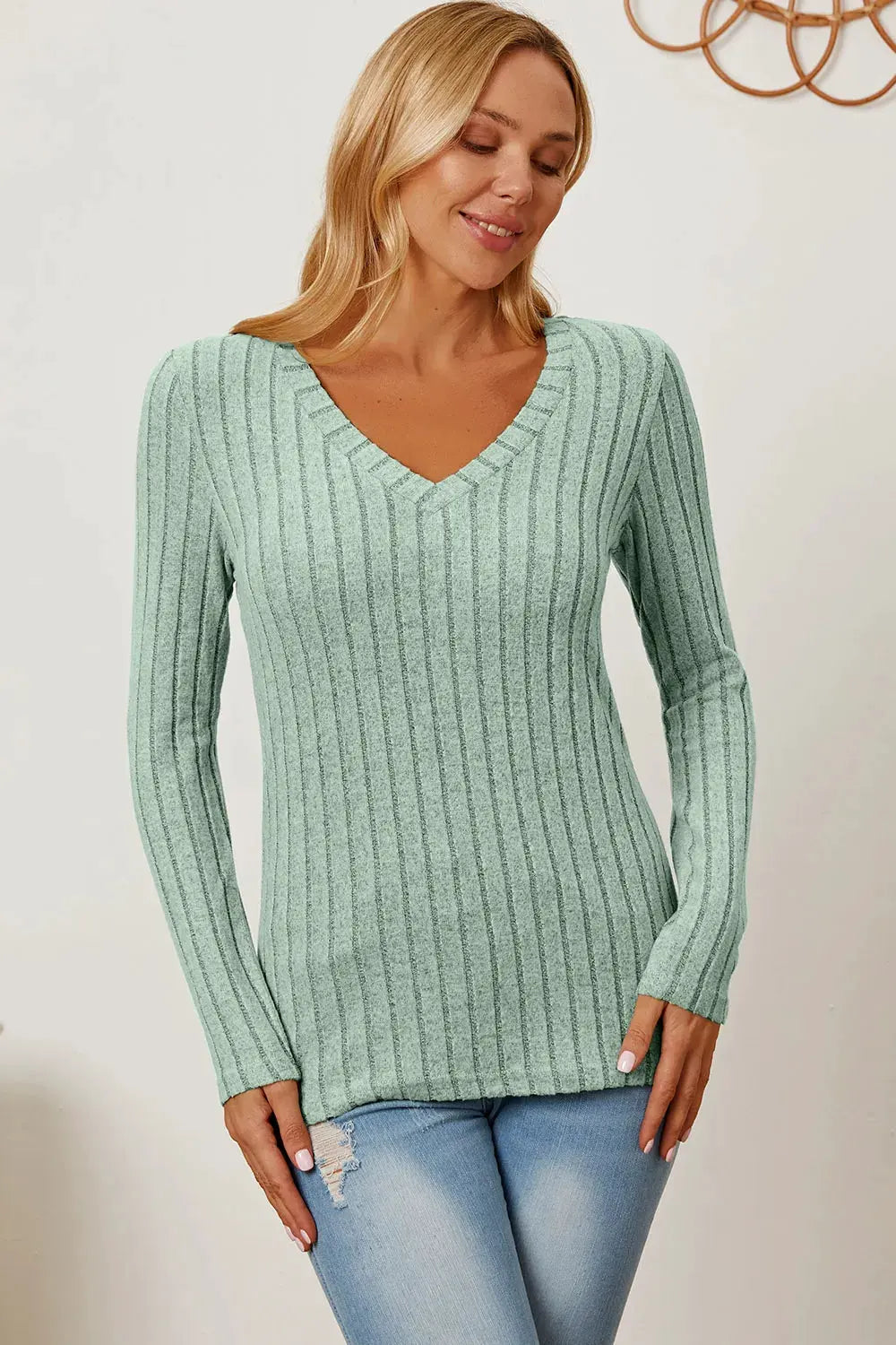 Full Size Ribbed V‑Neck Long Sleeve T‑Shirt | Partner Labels Selection by Partner Label
