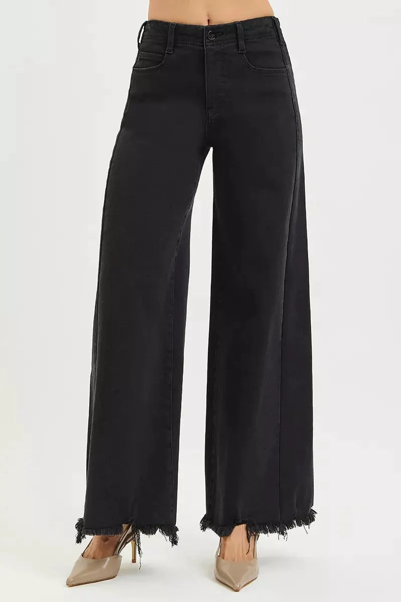 RISEN Tummy Control High Rise Palazzo Leg Frayed Hem Jeans by RISEN