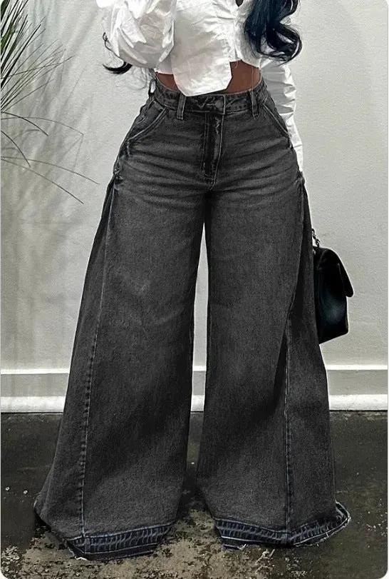 Loose Wide Leg Jeans Stitching Bell-bottom Pants Tassel Trousers by Maiden-Art