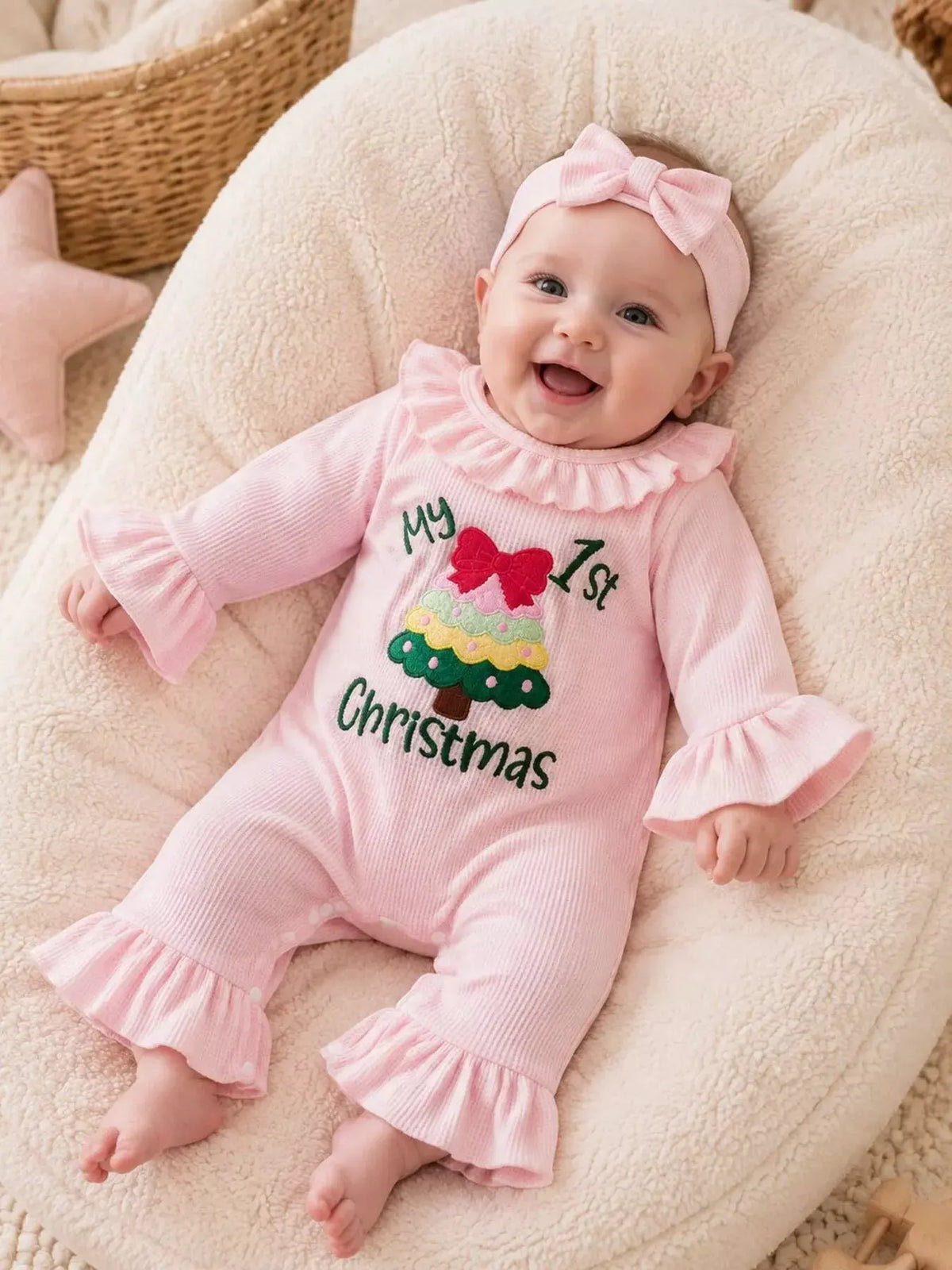 Children's 'My 1st Christmas' Ribbed Ruffle Jumpsuit and Headband Set by Trendsi