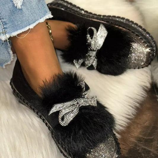 Fuzzy Bowknot Rhinestone Platform Loafers by Partner Label