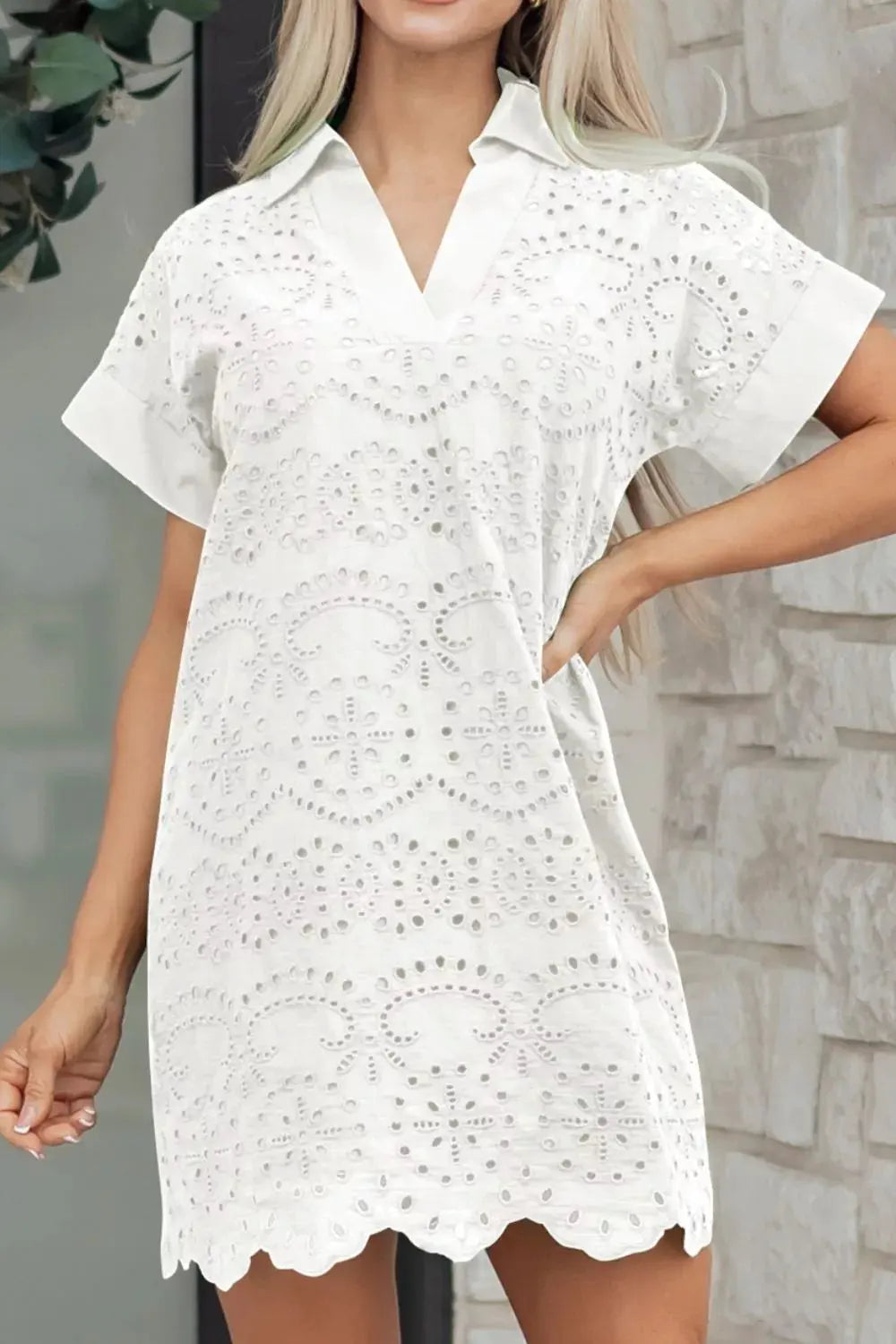 Solid Color Eyelet Embroidered T Shirt Mini Dress by Partner Label