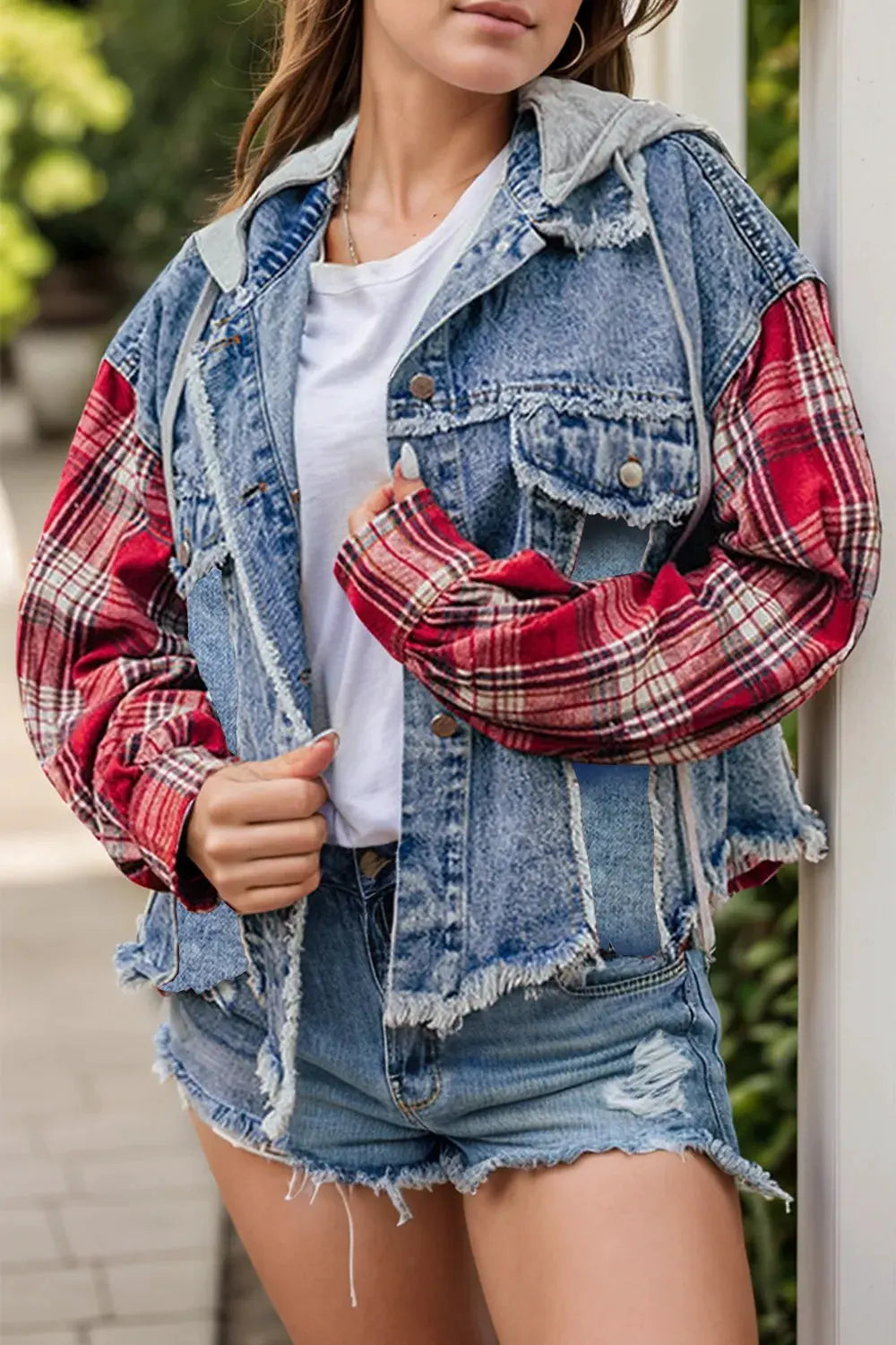 Raw Hem Drawstring Plaid Denim Jacket by Partner Label