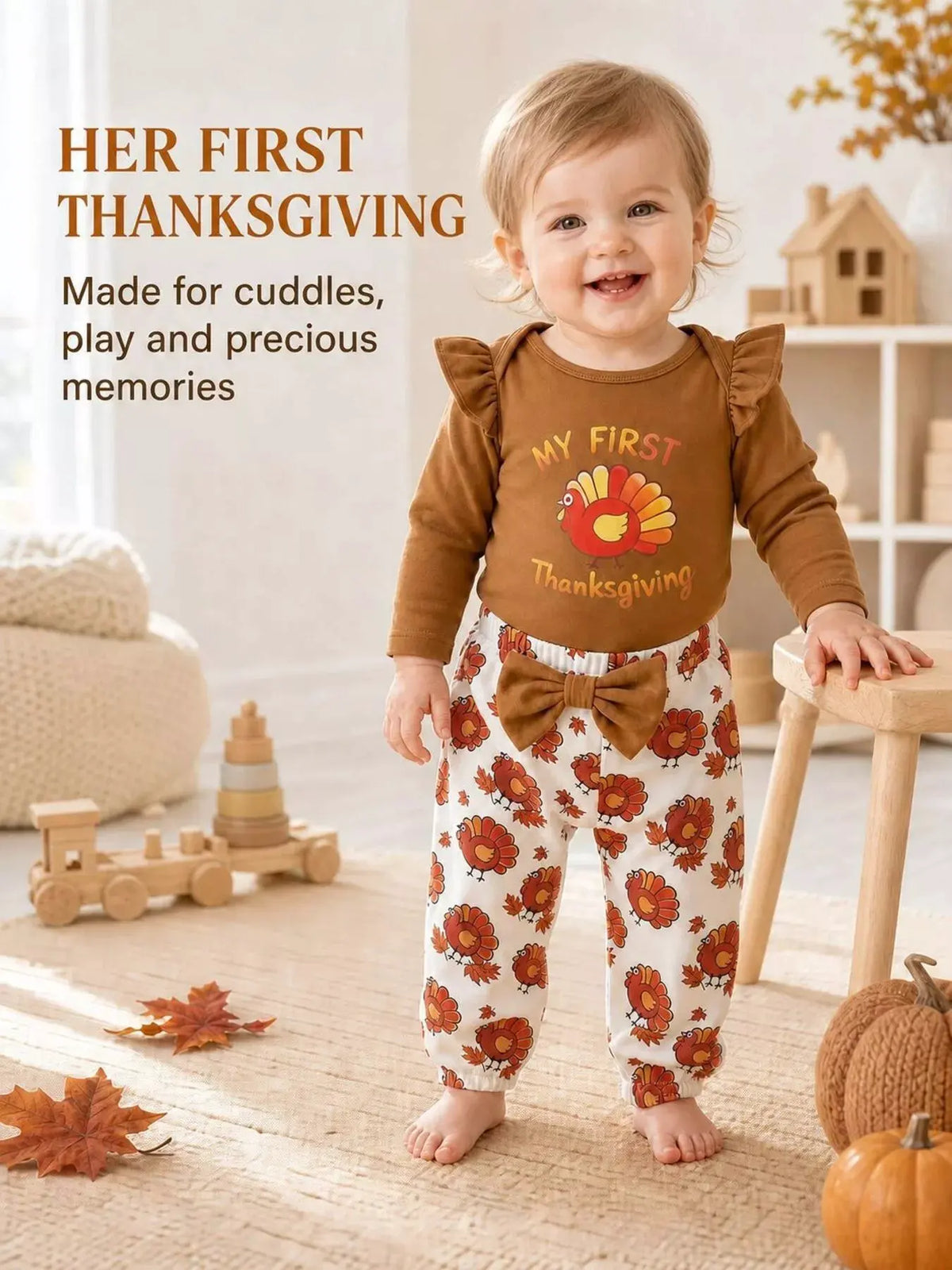 Children's 'My First Thanksgiving' Ruffle Bodysuit and Turkey Print Pants Set with Headband by Trendsi