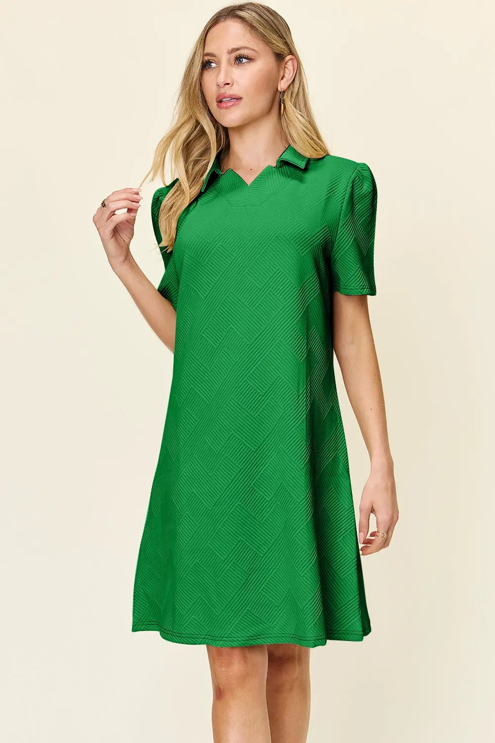 Double Take Full Size Texture Collared Neck Short Sleeve Dress by Double Take