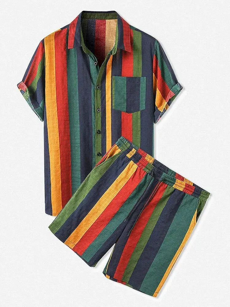 Men's Full Size Striped Button Up Shirt and Shorts Set Plus Size by Trendsi