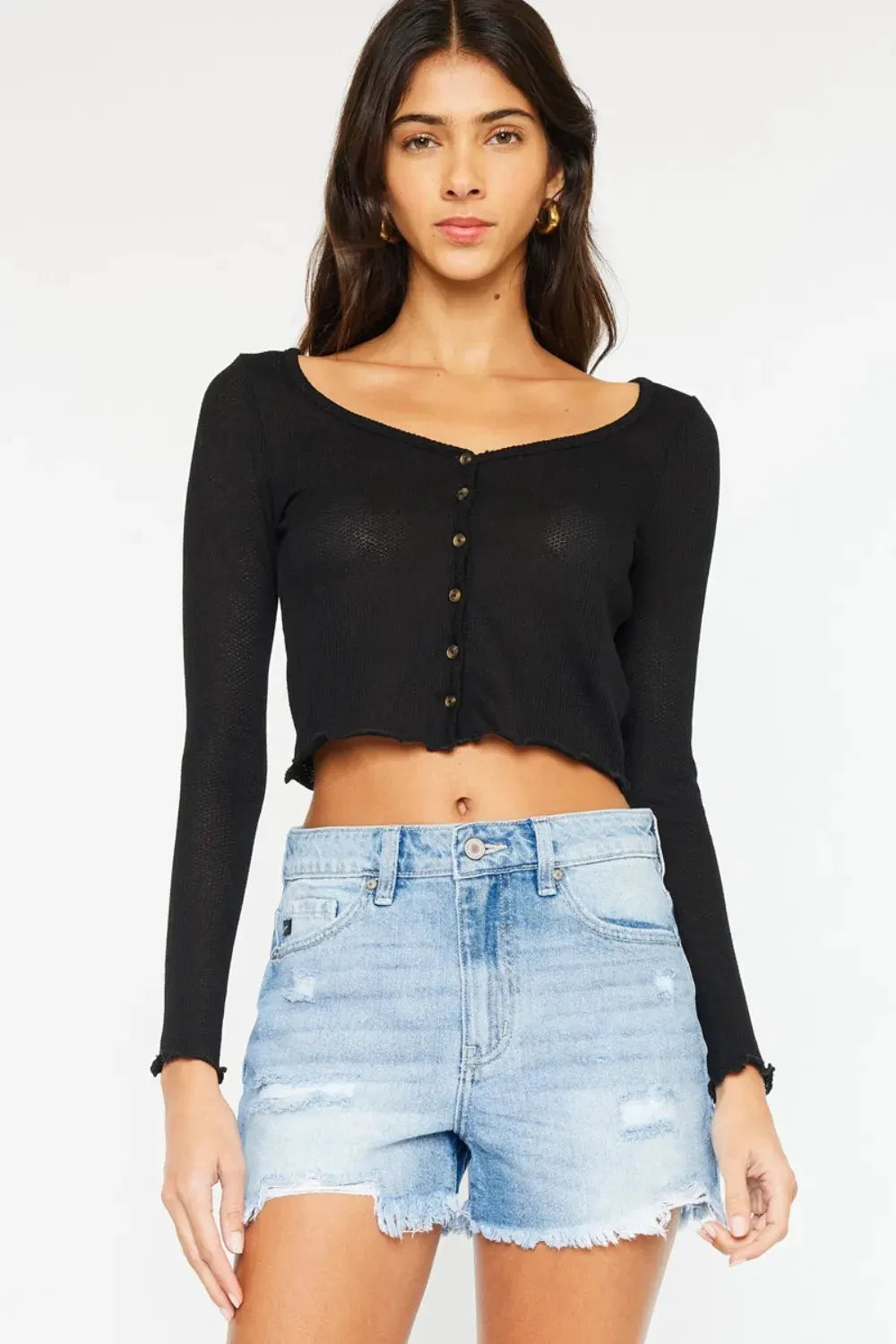 Kancan High Waist Frayed Denim Shorts by Kancan
