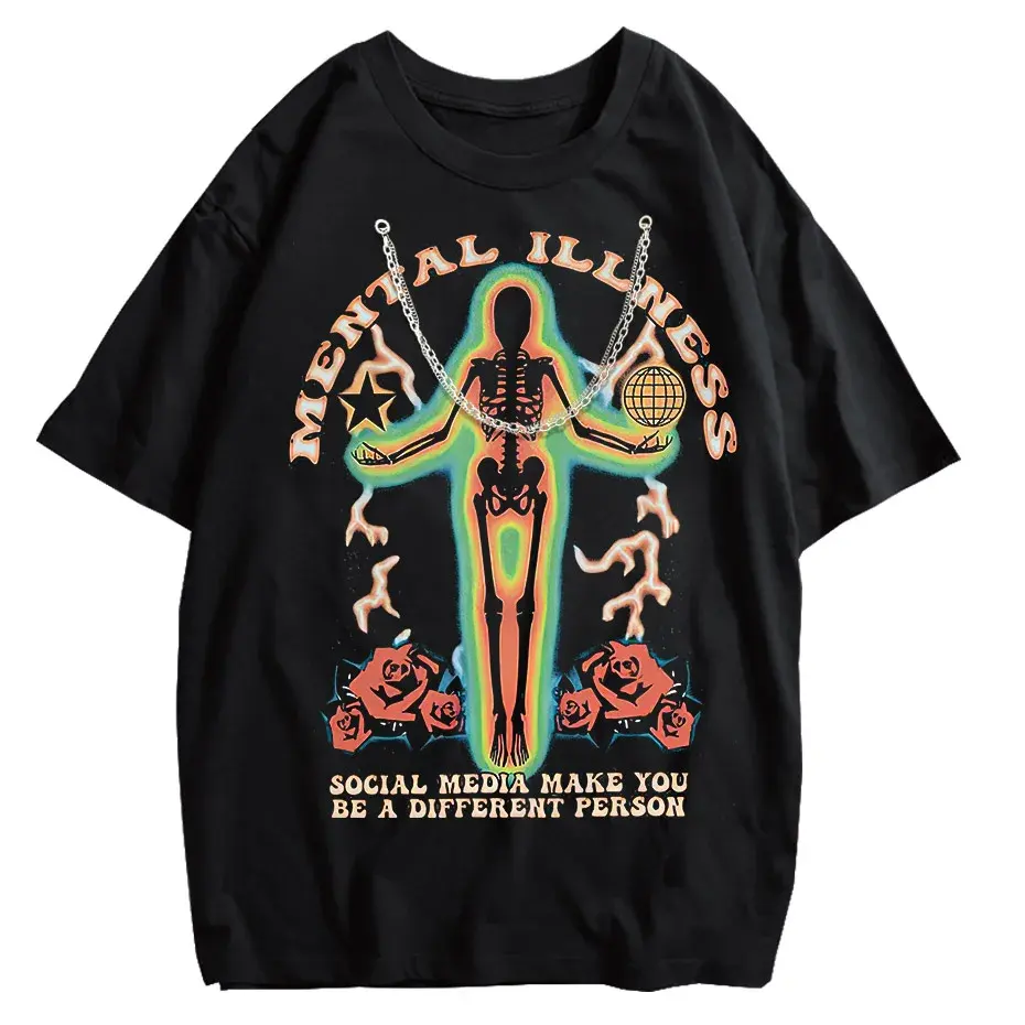 Skeleton Rose Graphic Vintage Washed Cotton T-Shirt Streetwear by Vimost Shop