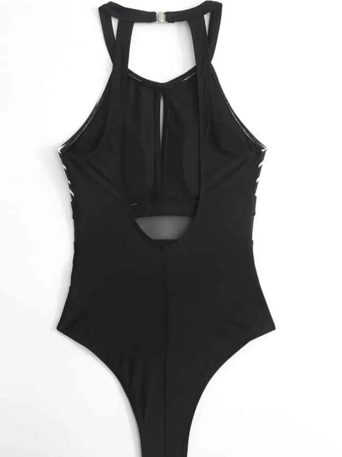 Mesh Detail Backless Striped One-Piece Swimsuit by Partner Label