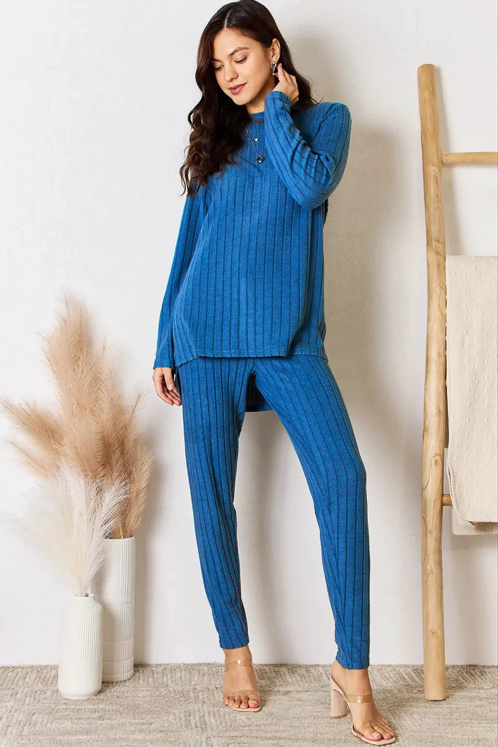 Basic Bae Full Size Ribbed Round Neck High-Low Slit Top and Pants Set by Basic Bae