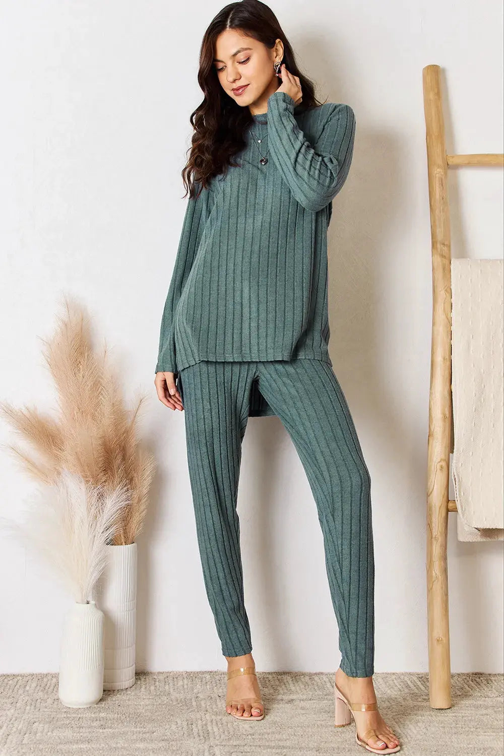 Basic Bae Full Size Ribbed Round Neck High-Low Slit Top and Pants Set by Basic Bae