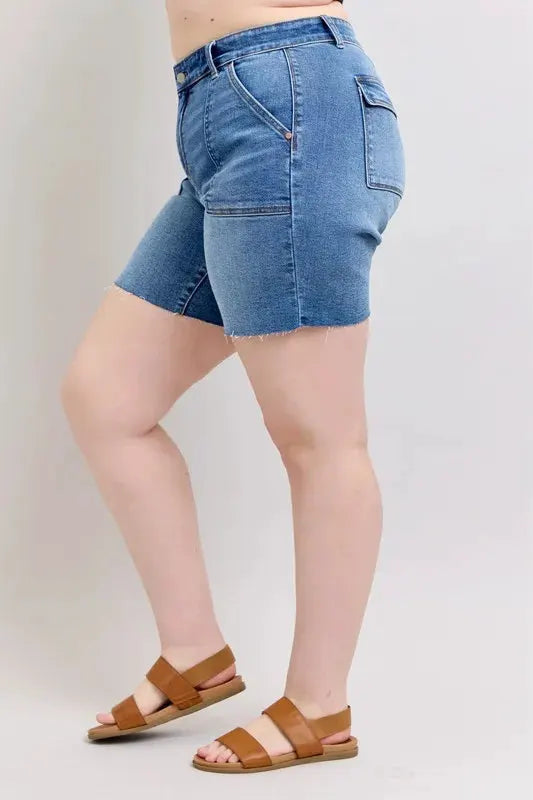 Judy Blue Full Size Mid Rise Bermudas Denim Shorts W/ Back Flap Pockets Plus Size by Judy Blue