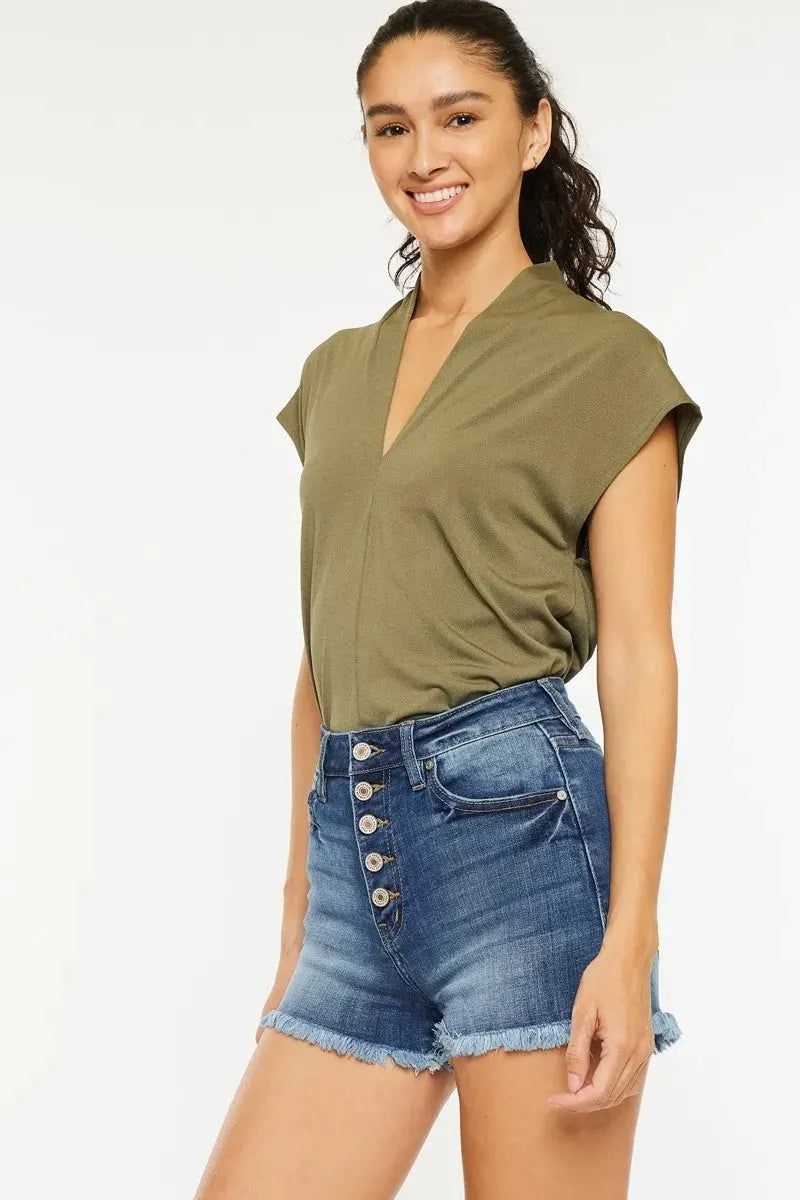 Kancan High Rise Frayed Hem Denim Shorts by Kancan