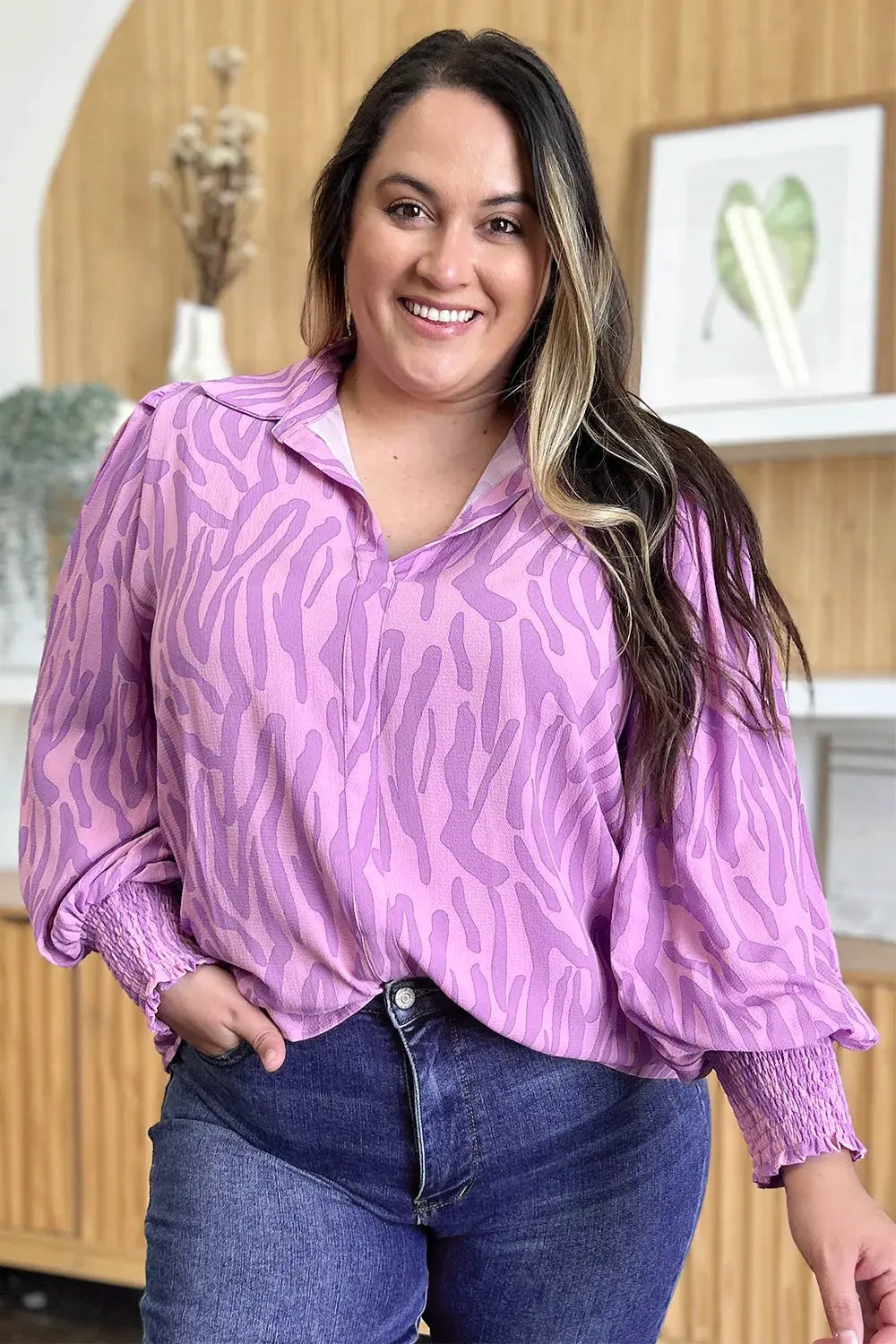Double Take Full Size Printed Smocked Long Sleeve Blouse Plus Size by Double Take