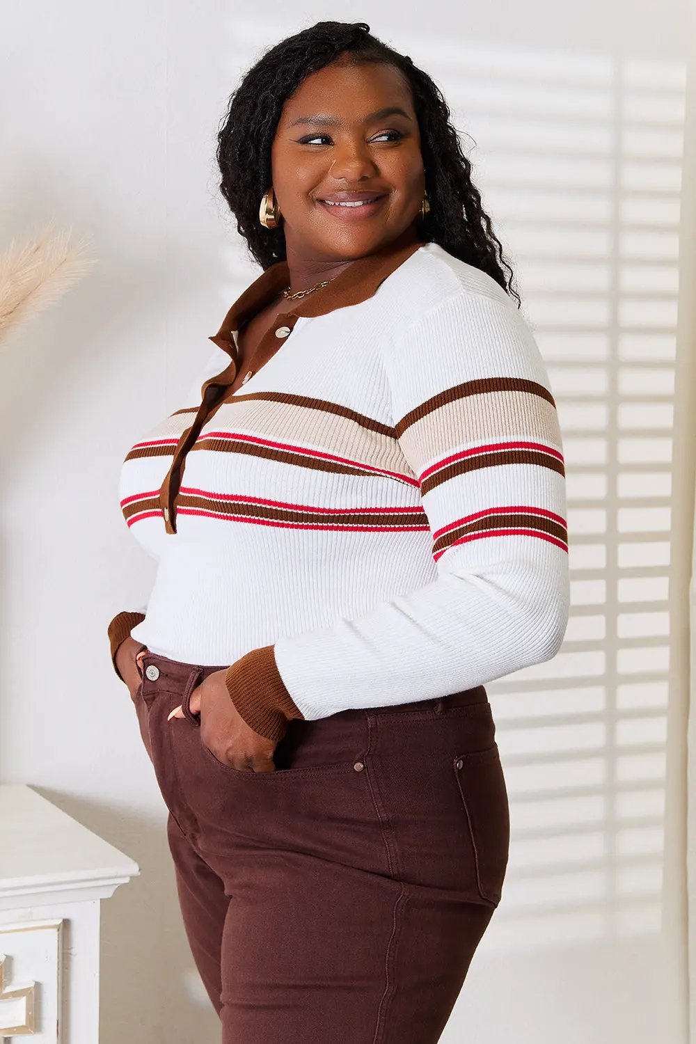 Basic Bae Striped Collared Neck Rib-Knit Top by Basic Bae