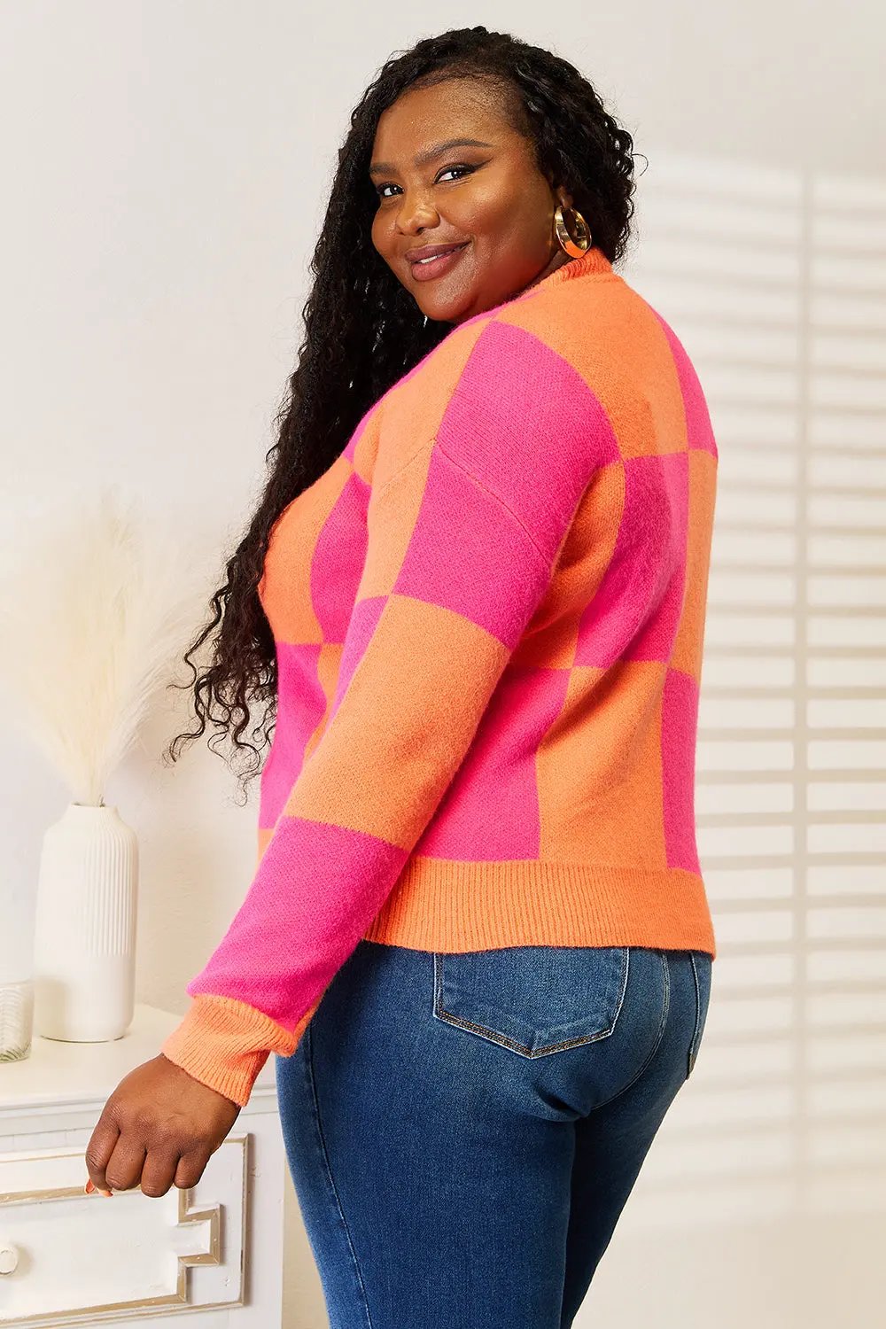 Angel Wings Woven Right Checkered V-Neck Dropped Shoulder Cardigan by Angel Wings
