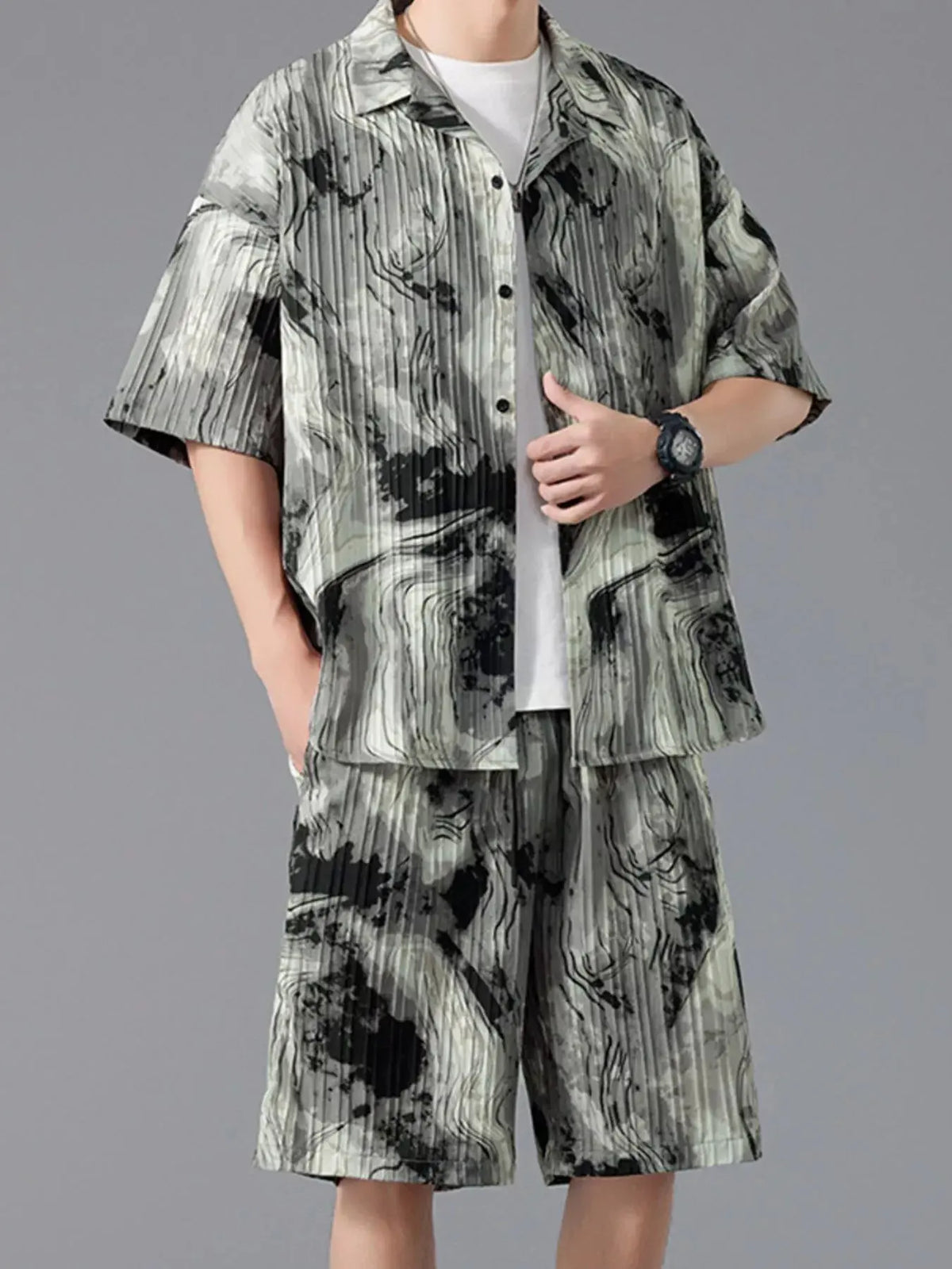 Men's Full Size Tie-Dye Casual Shirt and Shorts Set Plus Size by Trendsi