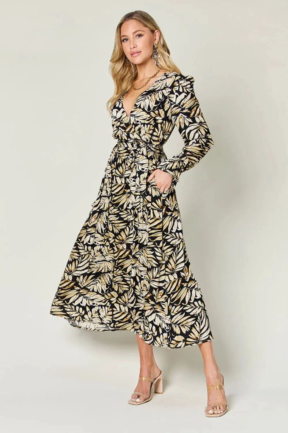 Double Take Full Size Tie Back Flounce Sleeve Dress by Double Take
