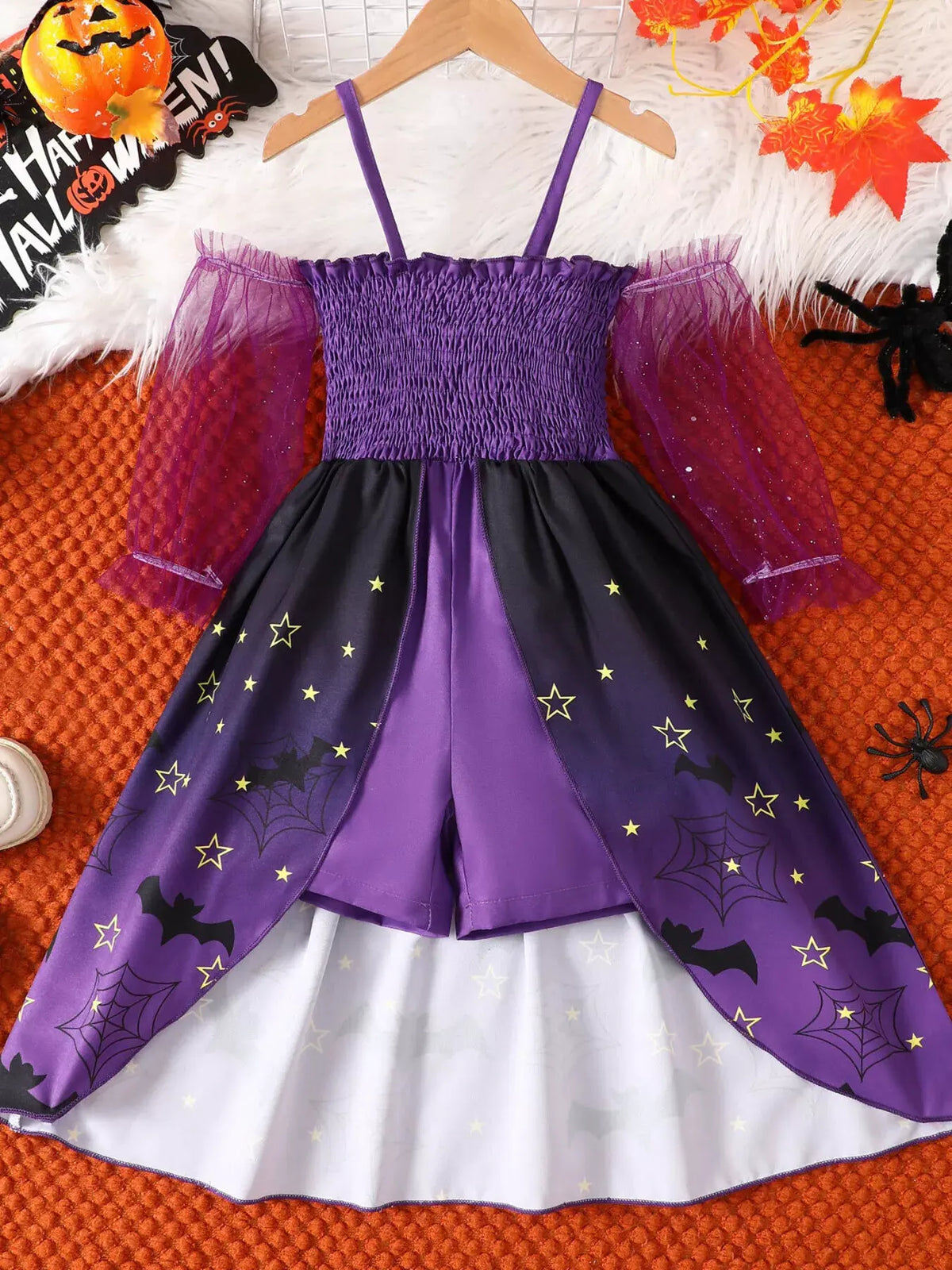 Children's Halloween Spaghetti Strap Romper with Tulle Sleeves and Starry Overlay by Trendsi